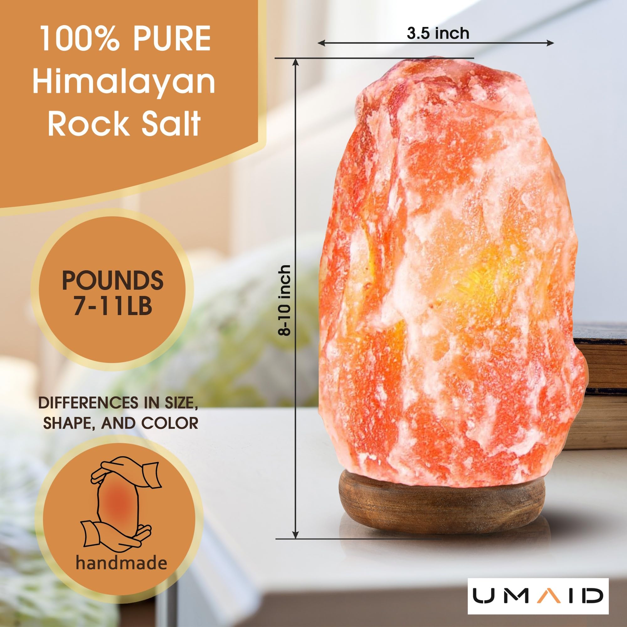 Umaid Himalayan Salt Lamp 8-10 Inch, Dimmable Switch, Wooden Base, Natural Pink Rock Salt