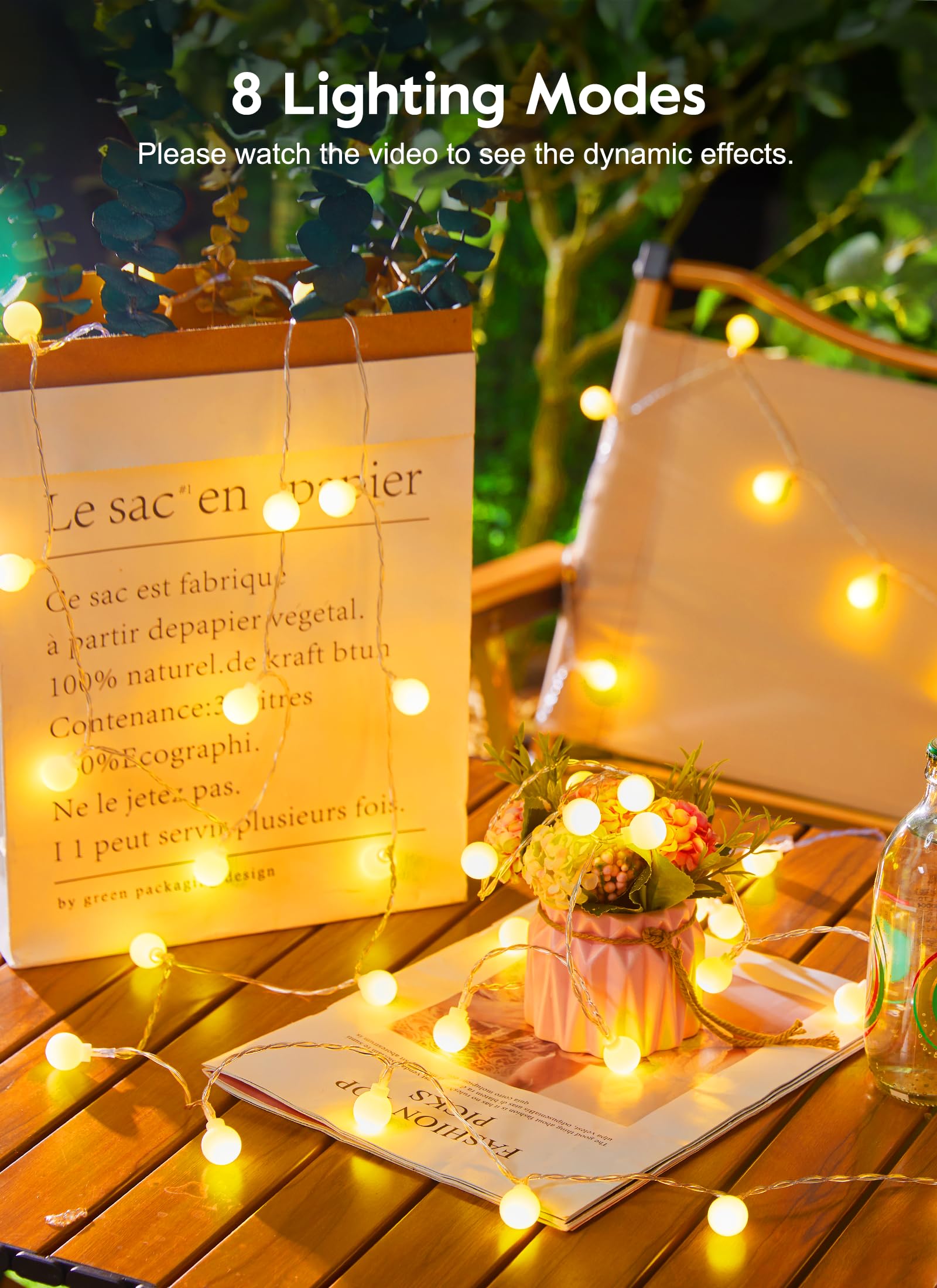 Brightown Solar String Lights - 39Ft, 120 LED, Waterproof, 8 Modes, Warm White, 2 Packs, Globe Model for Yard, Patio, Canopy Party