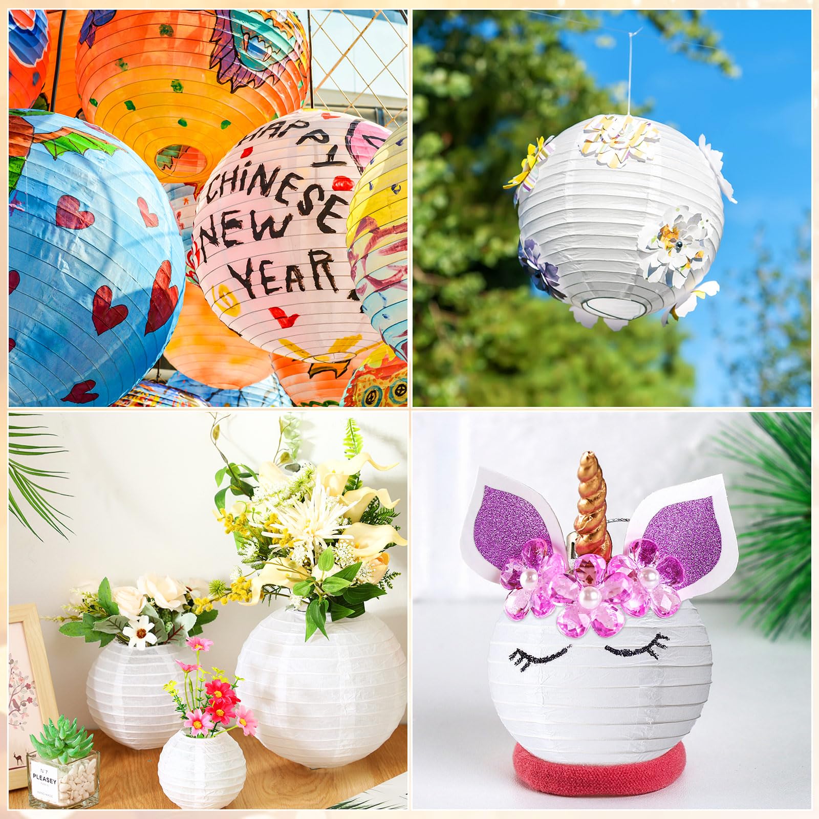 Treela 48 Pcs Paper Lanterns Party Decorations Chinese Round Paper Lanterns 4/6/8/10 Inch Asian Hanging Lanterns Lamps Decorative For Birthday Party Supplies(White)
