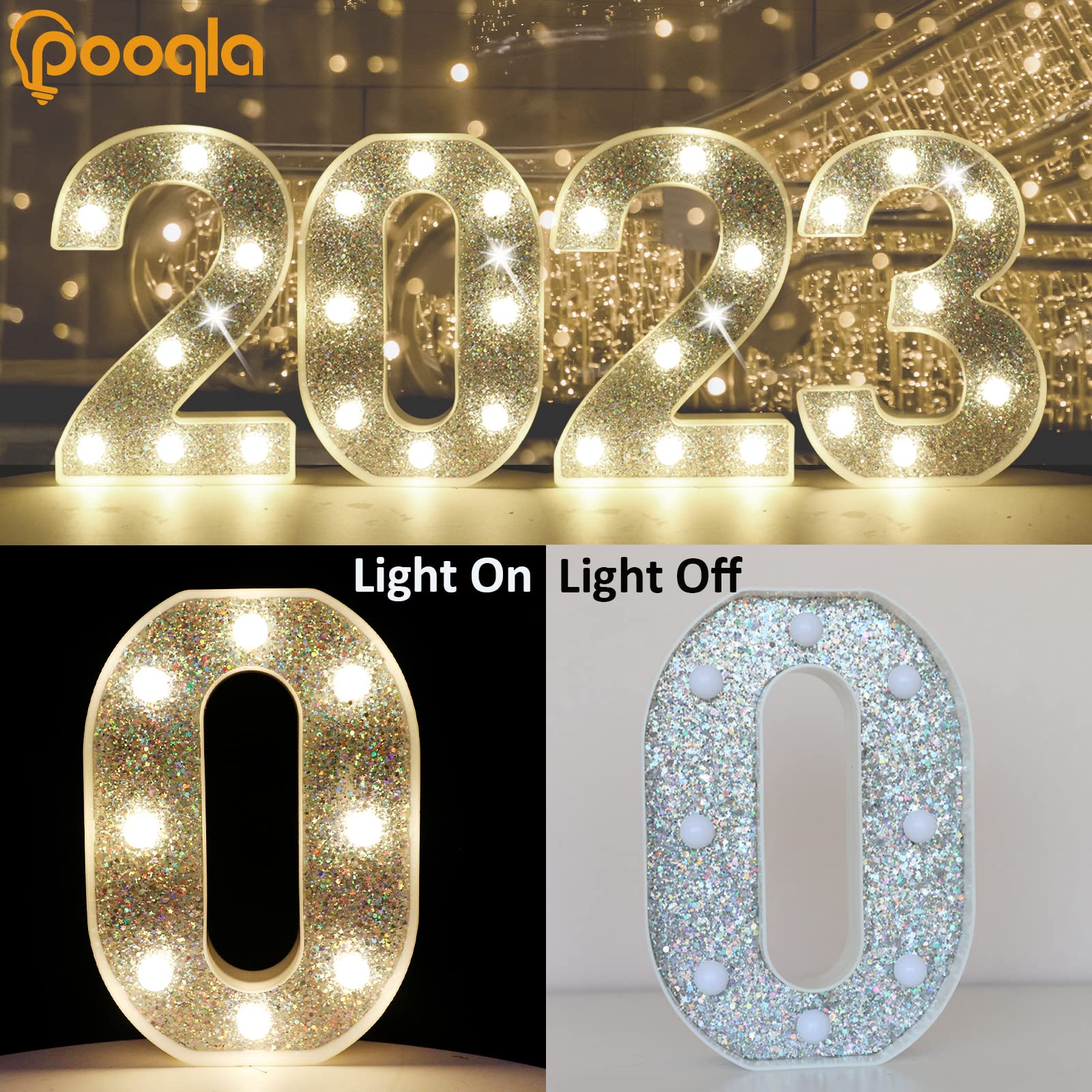Pooqla Silver Marquee Number 3 Light - Battery Powered Glitter Night Light for Parties and Decorations
