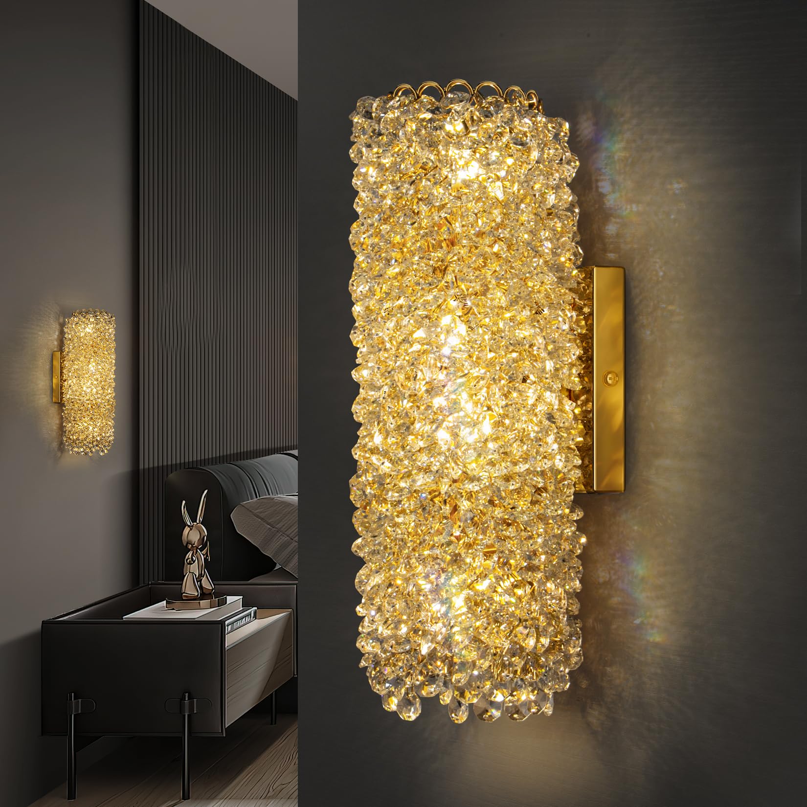 Crystal Wall Sconces,Modern Beaded Crystal Wall Light Fixtures,Indoor Gold Wall Lamp,Crystal Vanity Wall Mount Lamp,Elegant Wall
