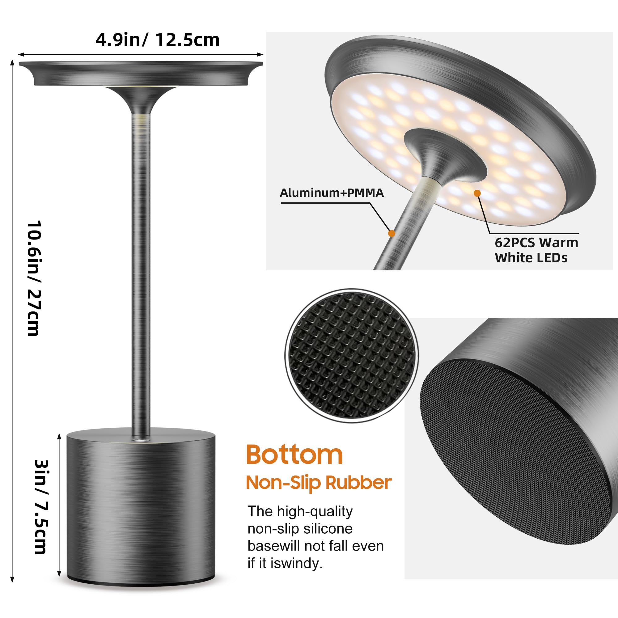 Sikevht Cordless Table Lamp - Portable Rechargeable 6000mAh, 3 Color Stepless Dimming, LED Light, Gray, Model S823, 2Pack