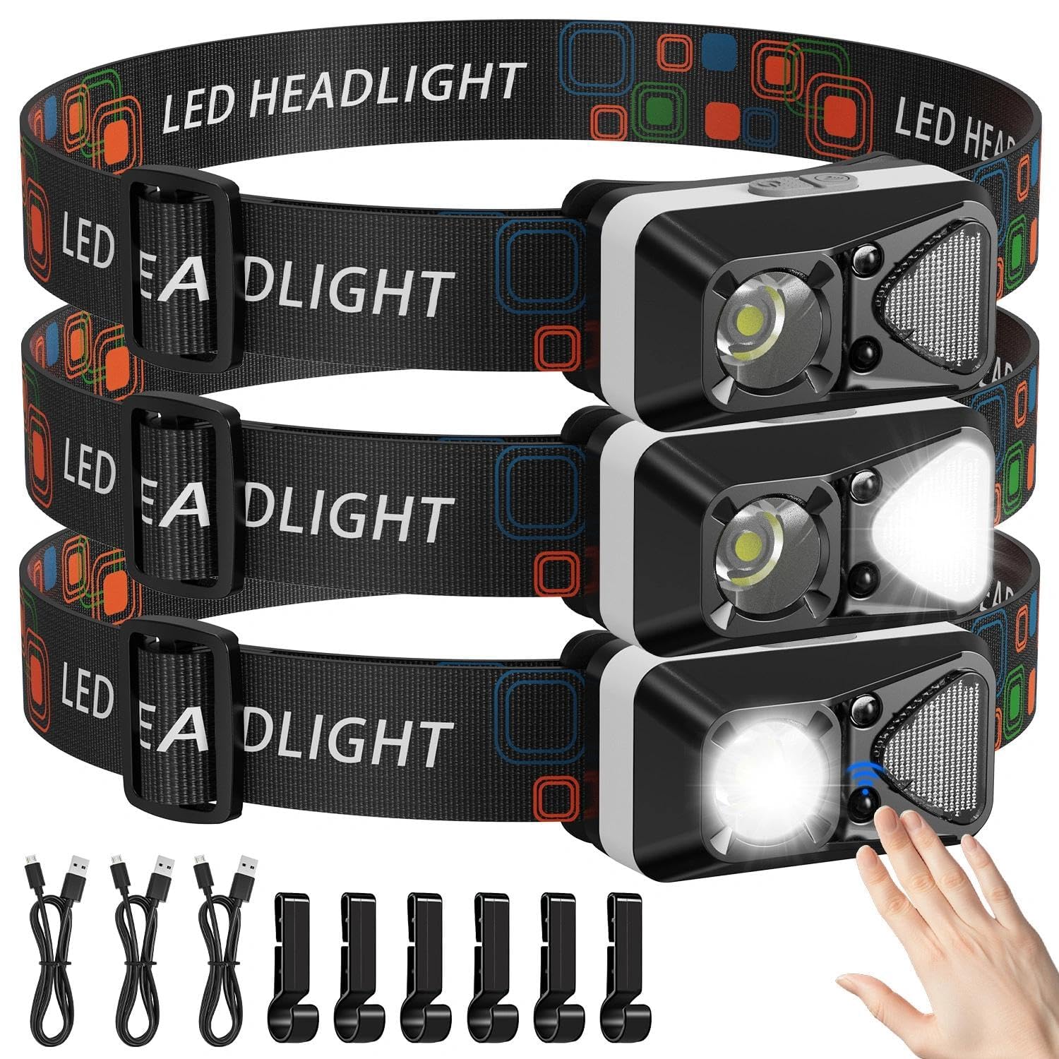 NetCan LED Headlamp Rechargeable with Motion Sensor, Headlamps for Adults Rechargeable with White Red Light Waterproof 6 Modes f