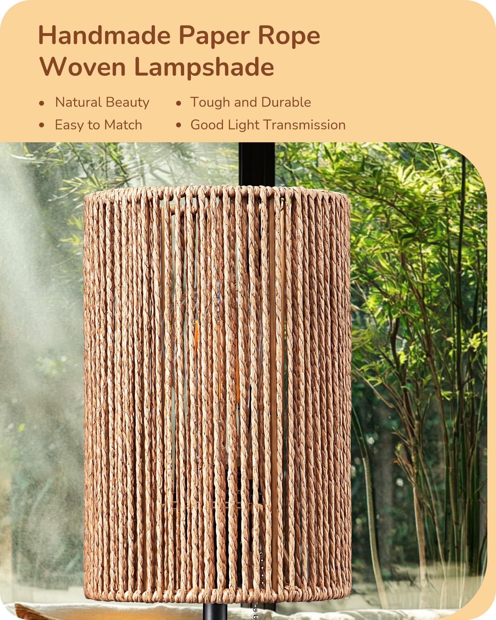 Edishine Tall Table Lamp, 19.1'' Rattan Bedside Lamp With Vertical Woven Shade & Pull Chain Switch, E26 Socket, Metal Base, Boho