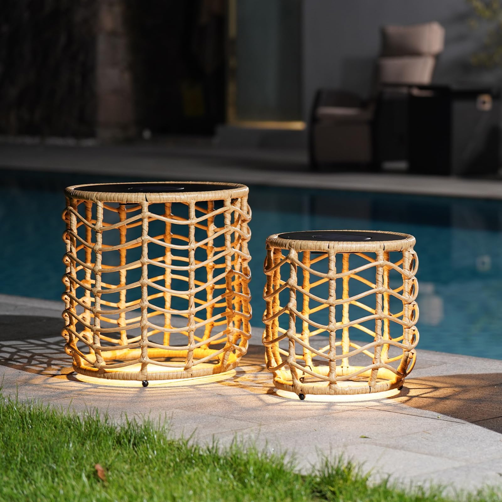Solar Yard Boho Solar Nesting Tables with Built-in Lights - Set of 2, Weather-Resistant Wicker for Patio, Porch, Garden, Perfect
