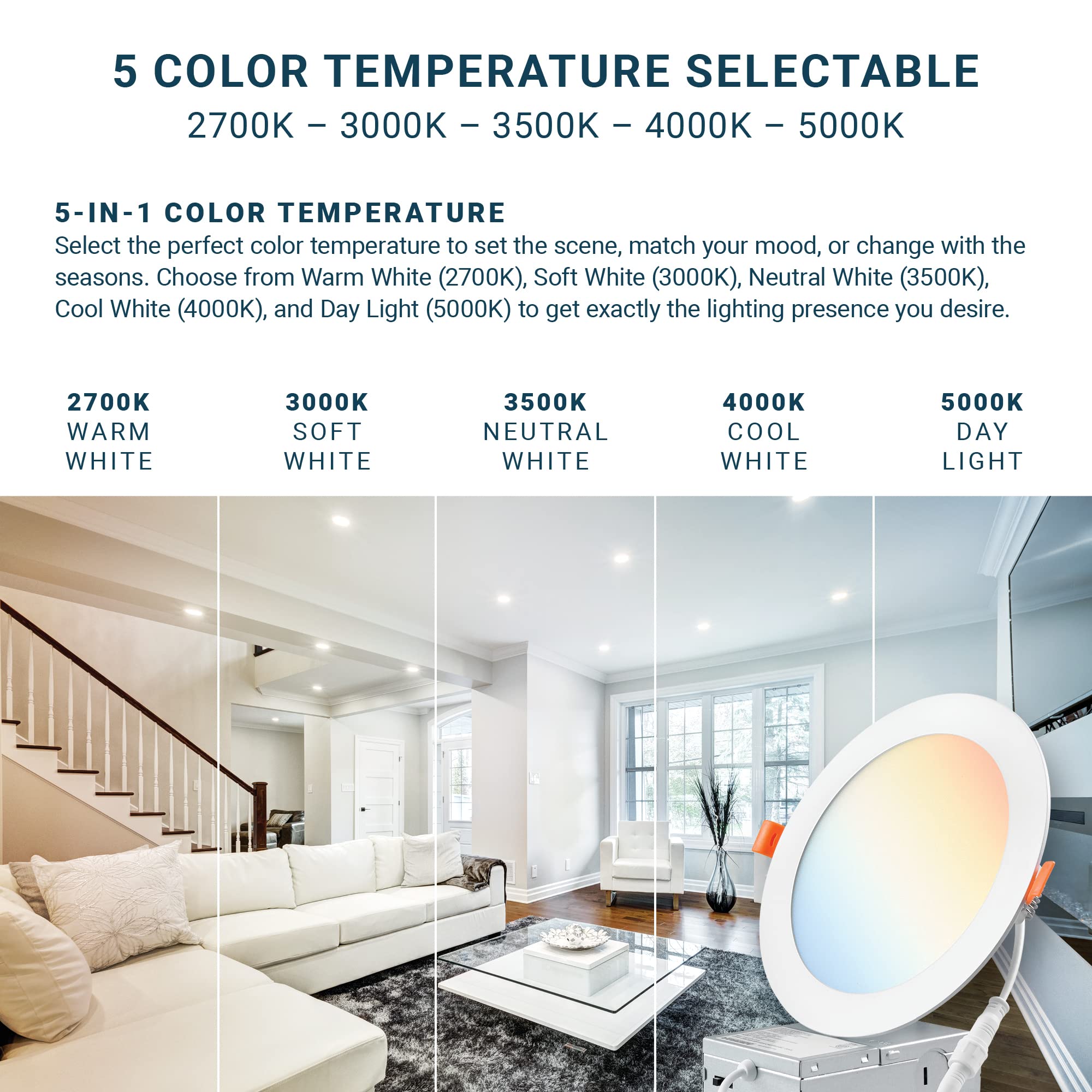 Parmida LED Ultra-Thin 6 Inch Dimmable Recessed Ceiling Light, 12W, 5CCT Color Selectable, ETL, Model PLED-PDN12W5