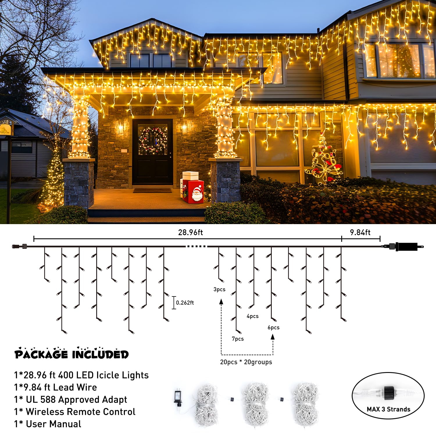 Jmexsuss 38.8Ft Icicle Lights For Outside, 400 Led Icicle Christmas Lights Outdoor Indoor Plug In, Warm White Christmas Icicle L