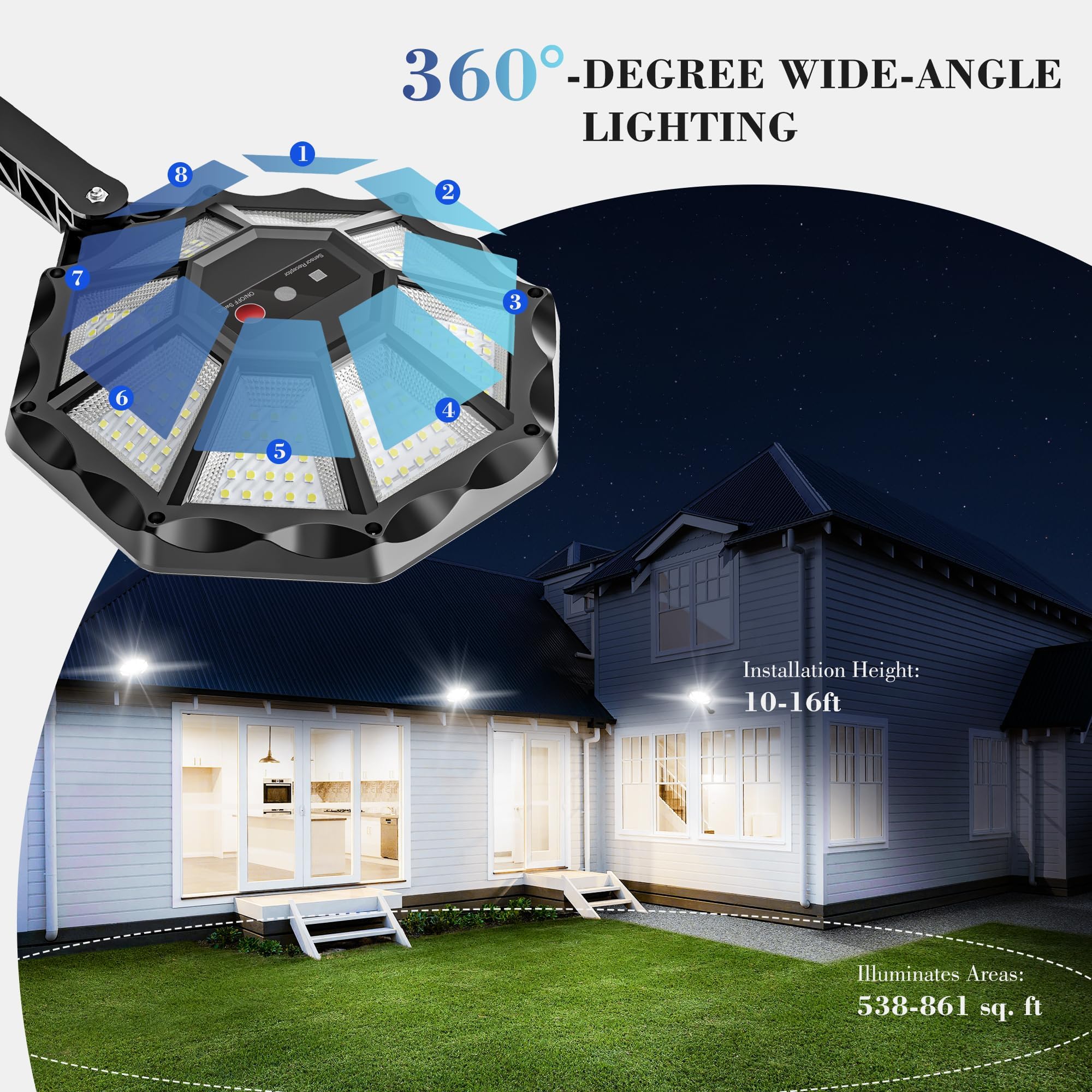 Solar Lights Outdoor Waterproof, 168Led 6500K Flood Light Dusk To Dawn, 8 Sides Parking Lot Lights With Motion Sensor, Ip66 Wate