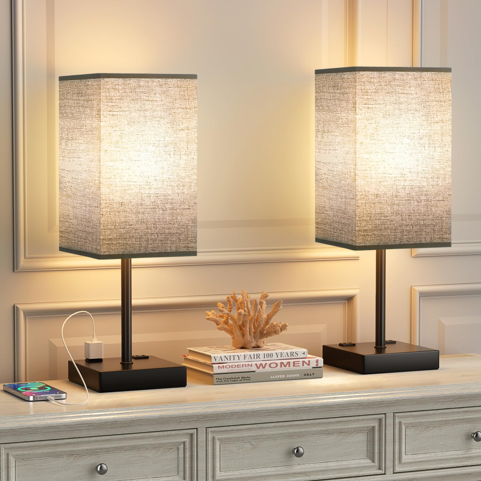 Aooshine Plus Set Of 2 Black Bedside Lamp For Nightstand