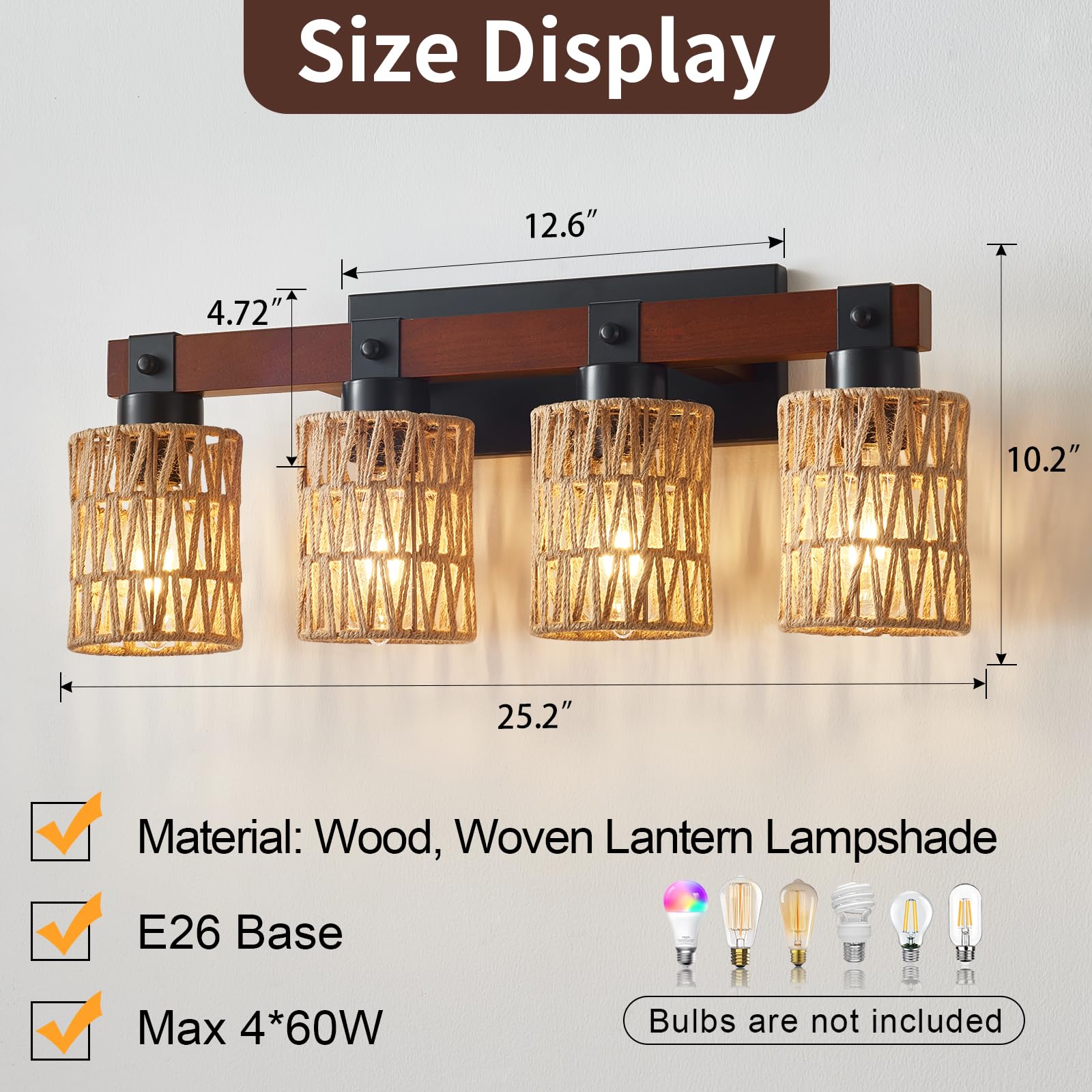 Aixialin 4-Light Rustic Wood Bathroom Vanity Light Fixture, Handmade Bamboo Woven Shade, Brown, Model 600-100-1095