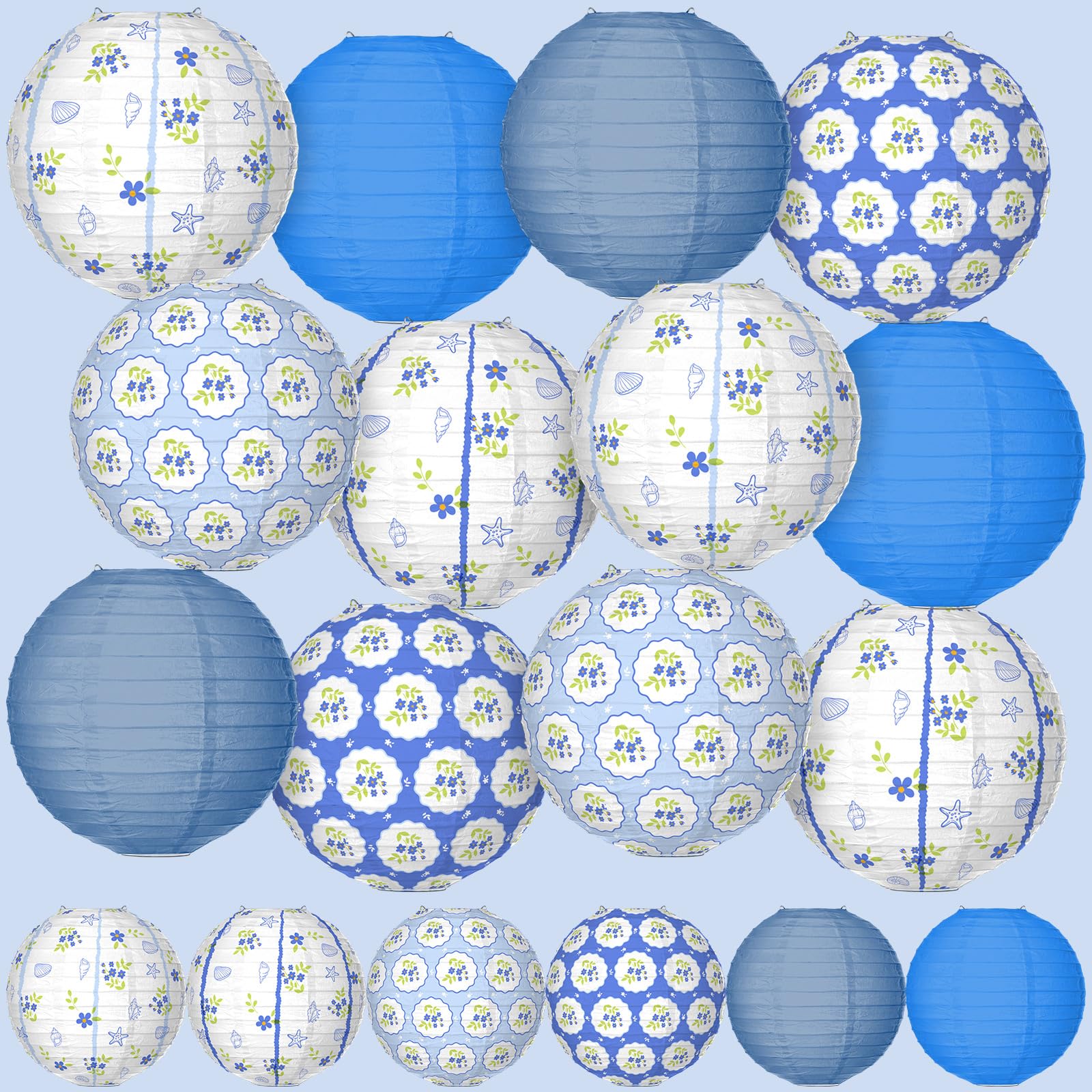 Rossesay 12 Pcs Blue Coastal Paper Lantern 8 Inch Blue Flower Hanging Lantern Indoor Outdoor Decorative Nautical Seashell Beach 