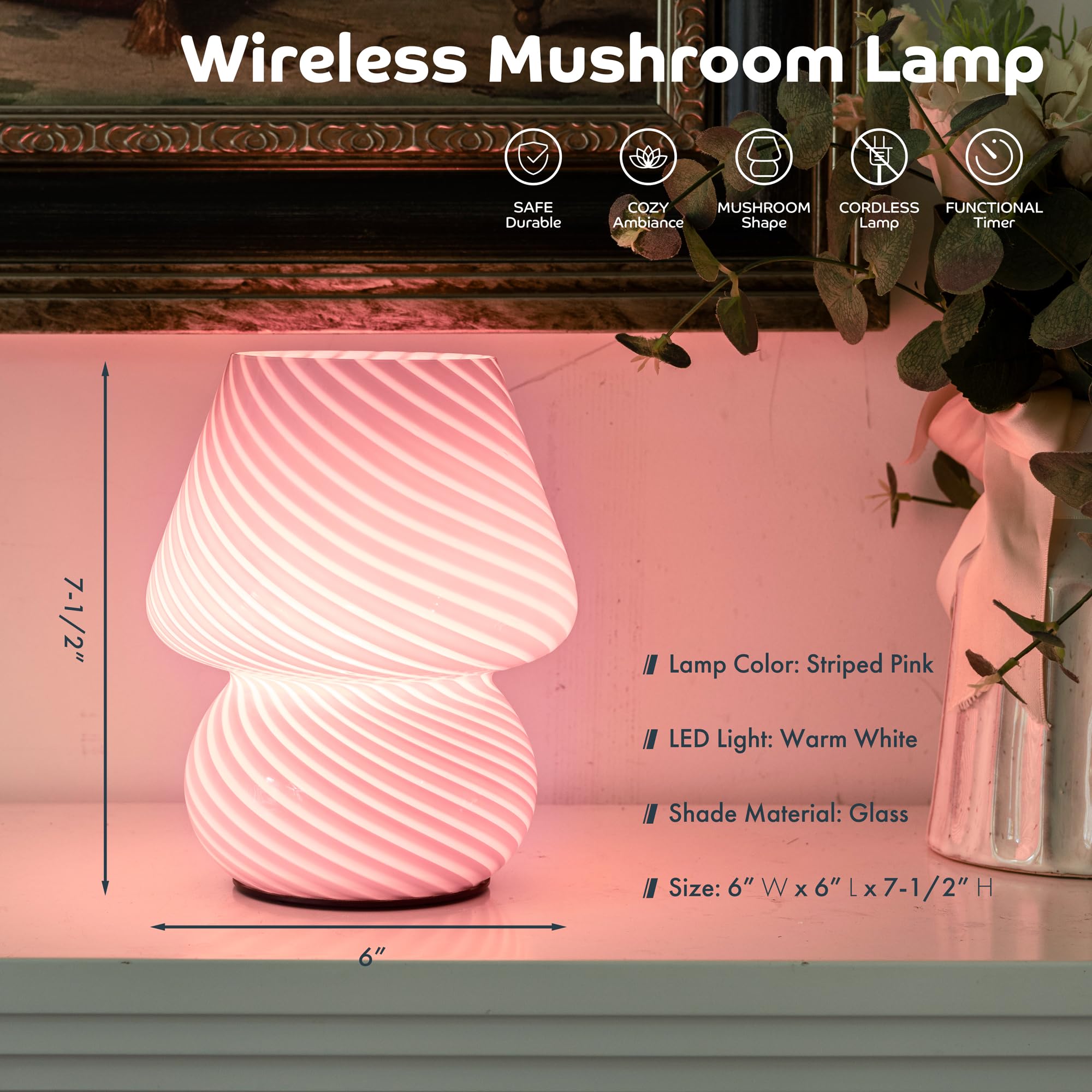 Ularoom Battery Operated Mushroom Lamp - Vintage Small Table Lamp With Timer, Cordless Bedside Nightstand, Glass Battery Powered