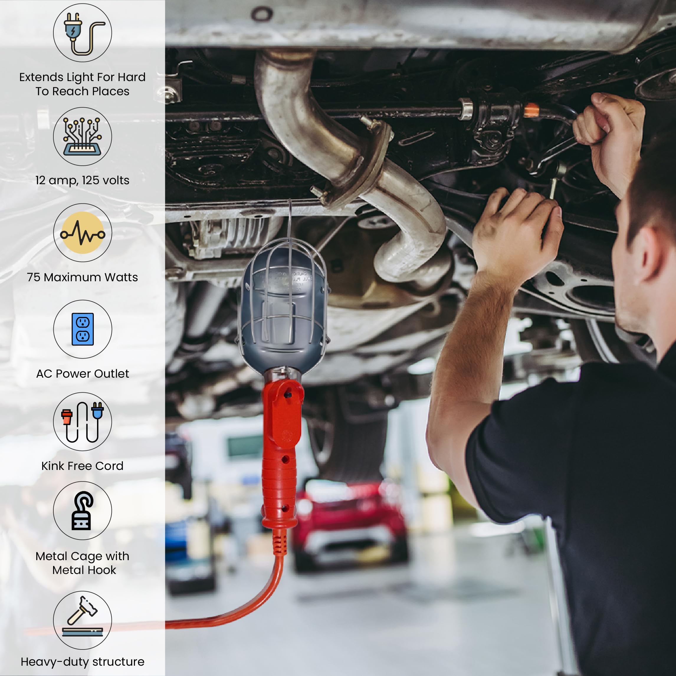 Go Green Power Inc. 25Ft Portable Hand Lamp With 16/3 Kink-Free Cord (Bulb Not Included) - Durable Construction, Swivel Hook, An