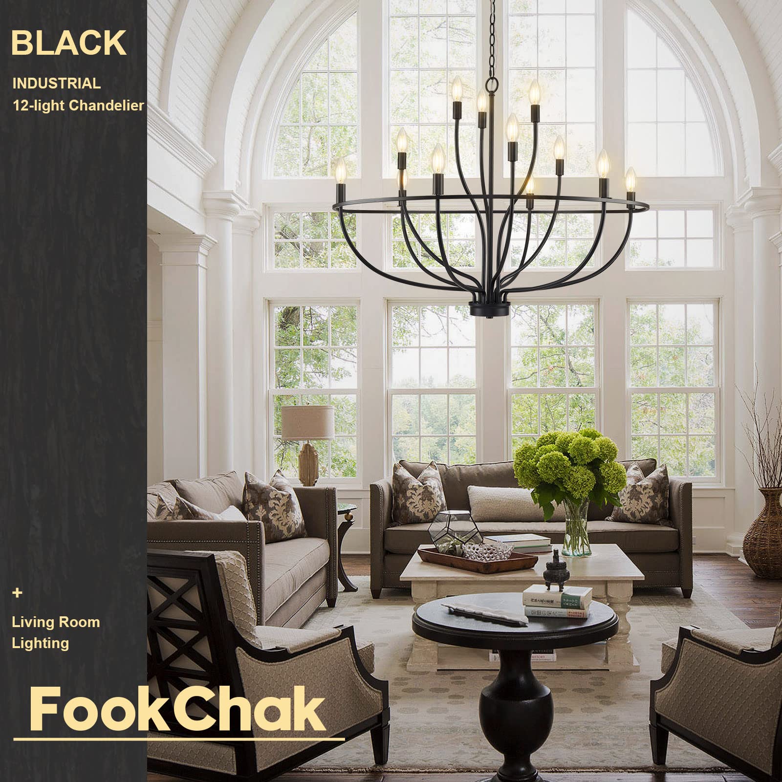 FookChak Black Chandelier 12-Light, 36in Modern Farmhouse Light Fixture for High Ceilings, Entryway, Dining Room, Metal Construction