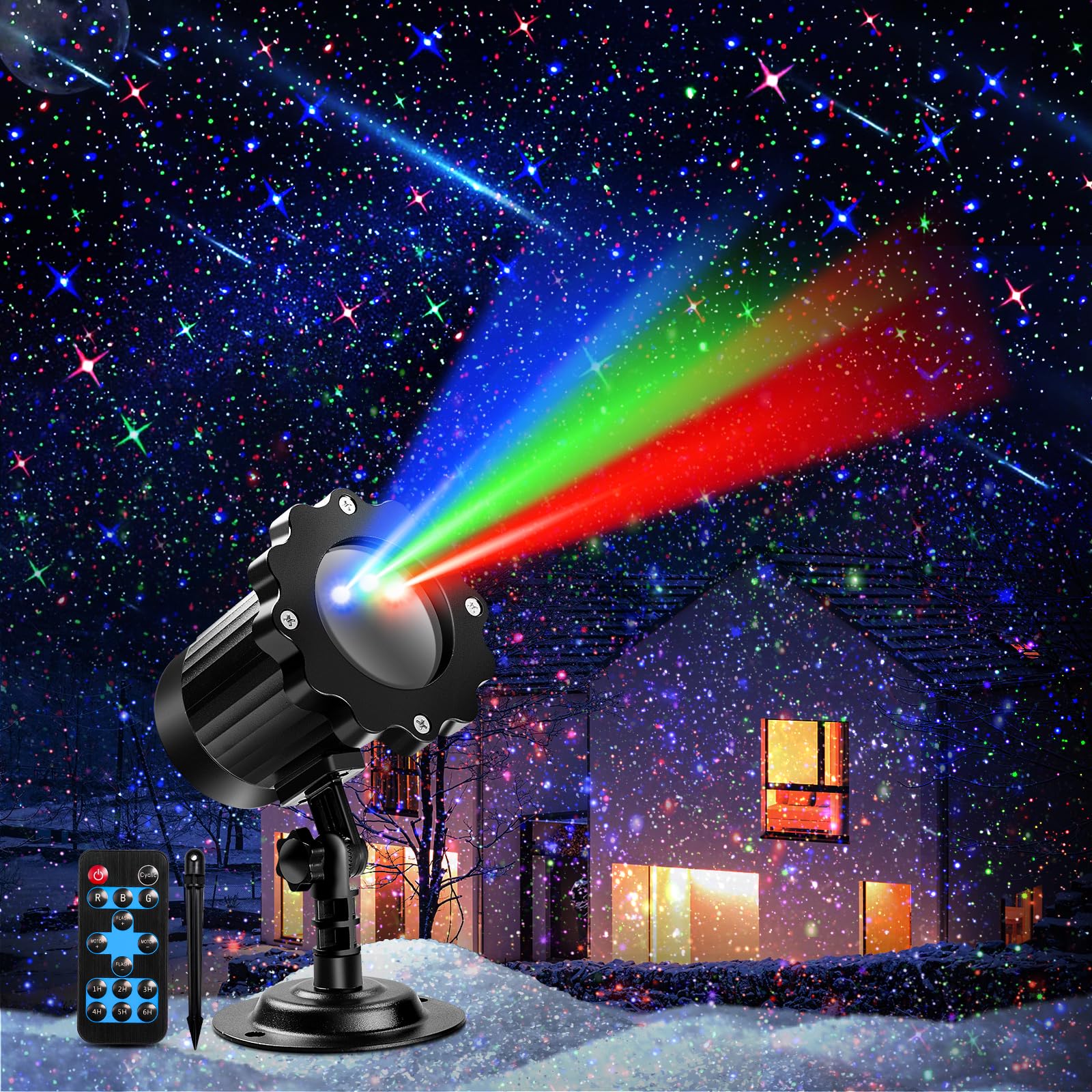 Outdoor Rgb Laser Projector Lights, Moving 3 Color Starry Sky & Firefly Effects Projection Light With Rf Control, Ip65 Outdoor Holiday Landscape Decor For Christmas Halloween Parties Garden New Year