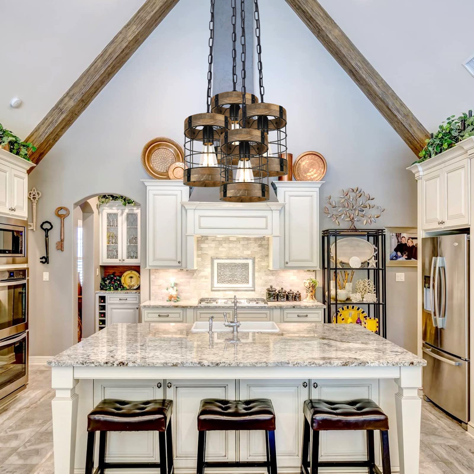 Rustic Pendant Light Fixtures, Farmhouse Kitchen Wood Hanging Lighting, Industrial Round Cage Chandelier For Entryway Hallway Di