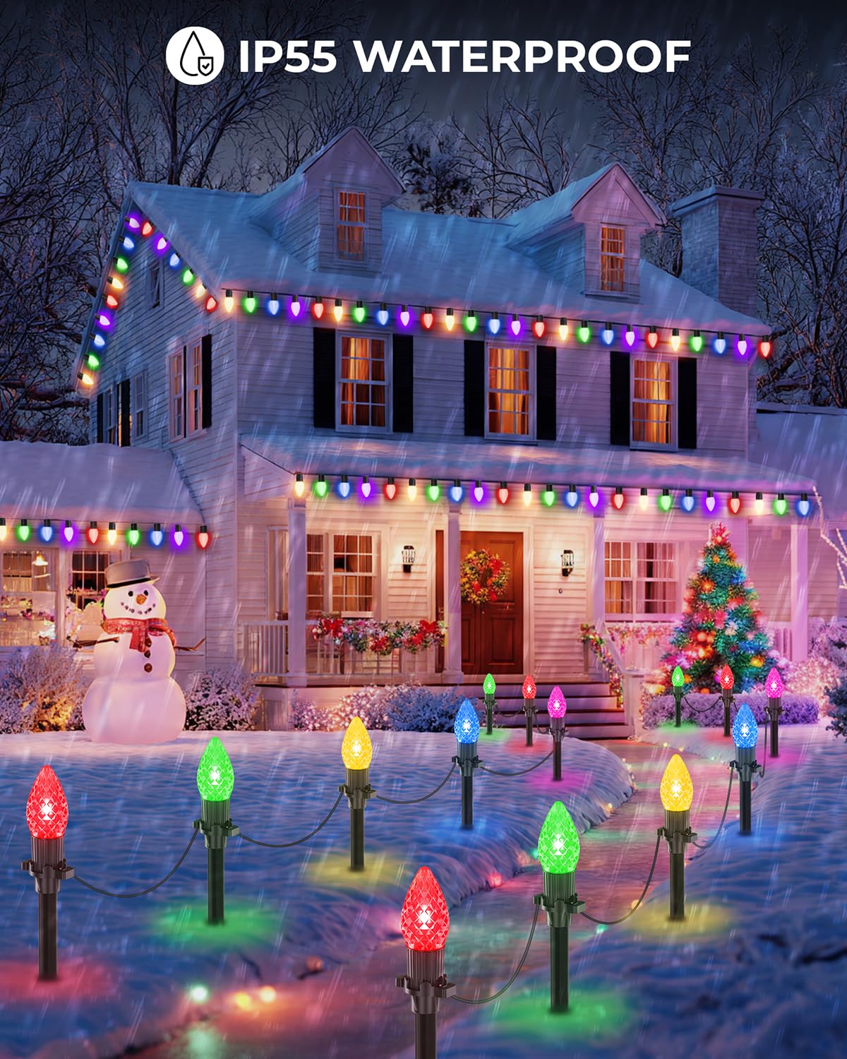 Freecube 50Ft C9 Led Solar Christmas Pathway Lights Outdoor  25 Multicolor Bulbs With 8 Modes & Timer  Waterproof Solar Christmas Stake Lights For Yard Lawn Sidewalk Driveway Outdoor Decorations