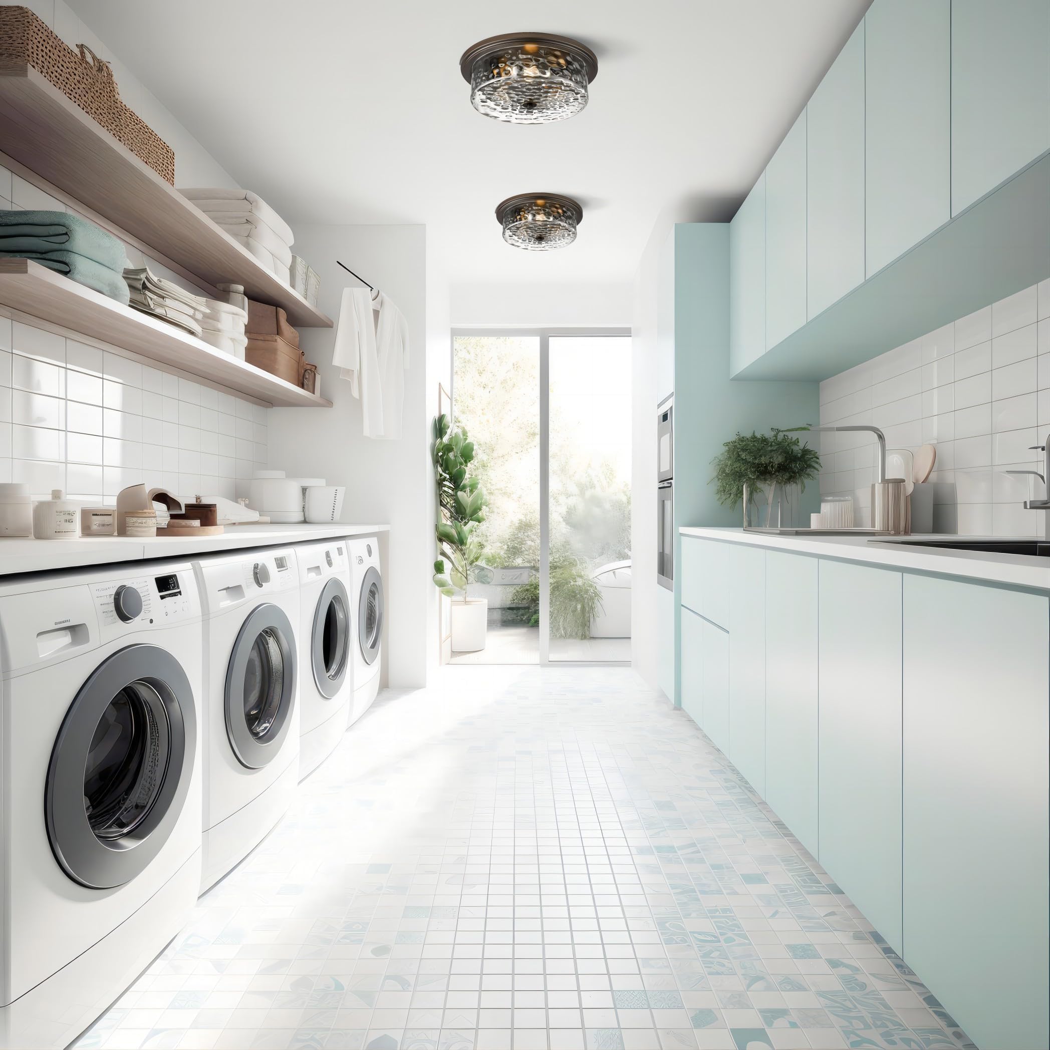 Odeums 16&quot; Oil-Rubbed Bronze Industrial Flush Mount Ceiling Light, 3-Light Hammered Glass Fixture