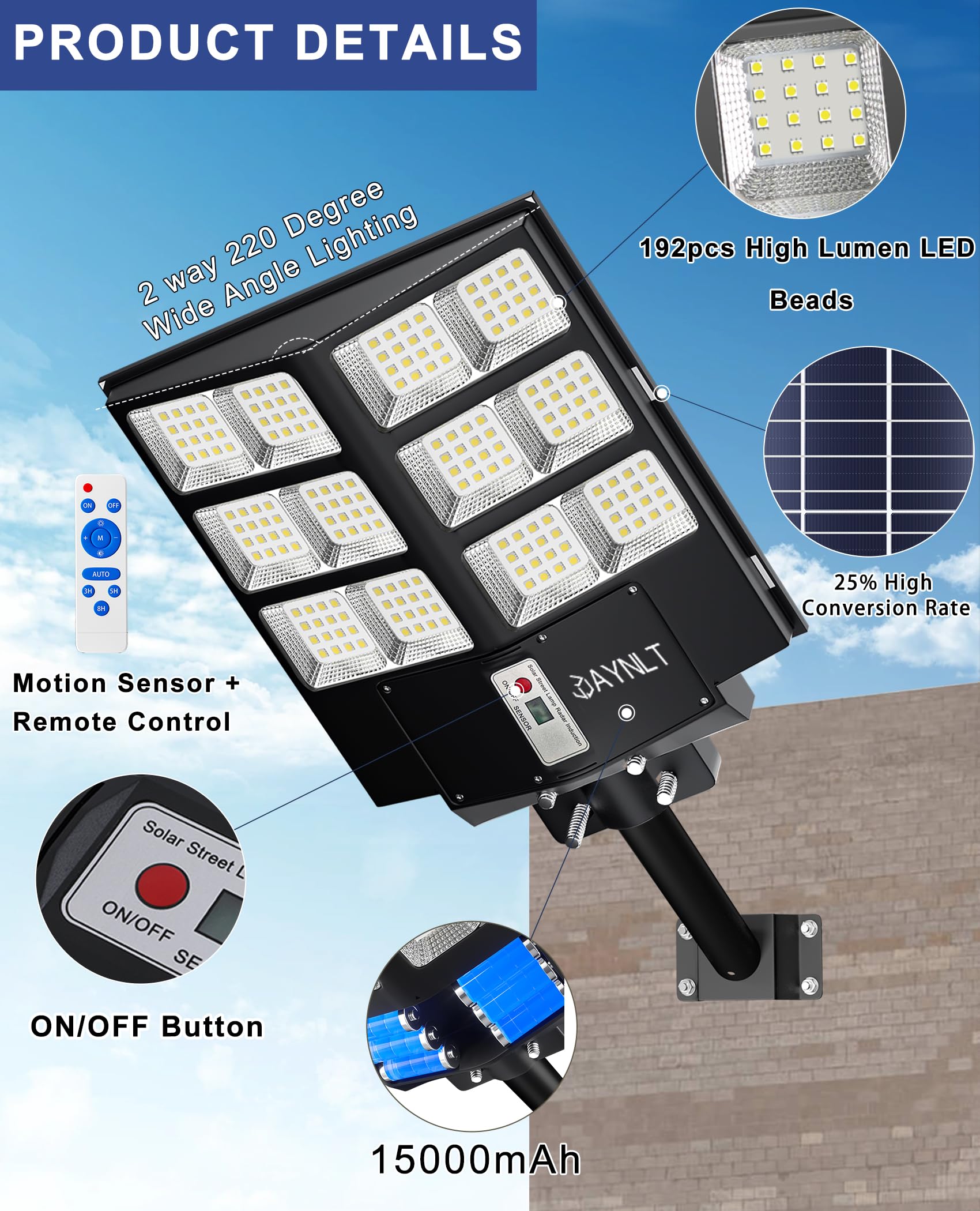 Jaynlt Y-2000W Solar Street Light, 200000Lm 6500K Solar Flood Lights Outdoor Dusk To Dawn, Ip67 Waterproof Solar Security Light