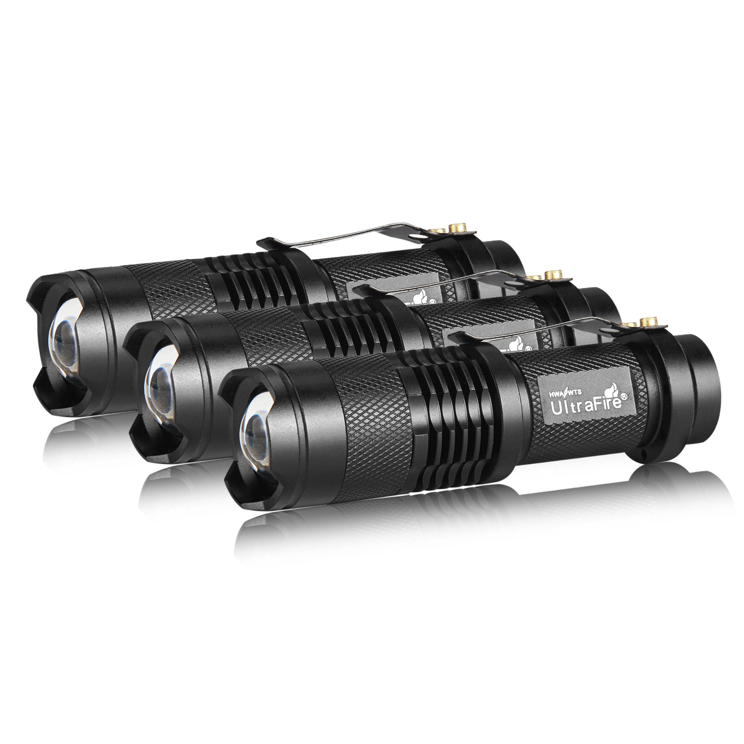 ULTRAFIRE Mini Flashlights 3 Pack, 300 Lumens, Adjustable Focus, Tactical LED, Black, Aluminum, Model 4347499920