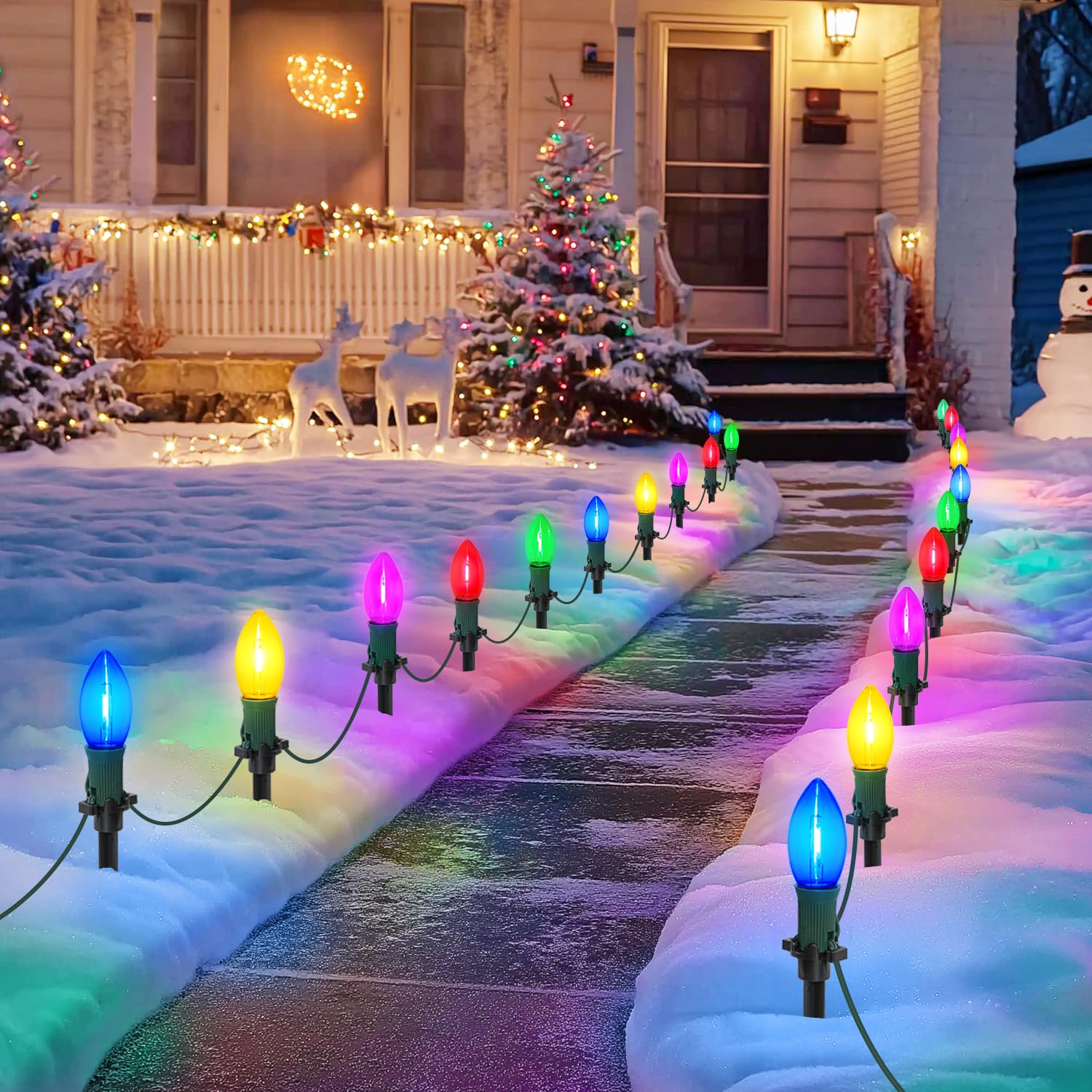 USOKYO 60Ft C9 Led Christmas Pathway Lights Outdoor  40 Multicolor Bulbs Waterproof Connectable Extra Long Christmas Walkway Lights for Large Driveway  Yard  Lawn
