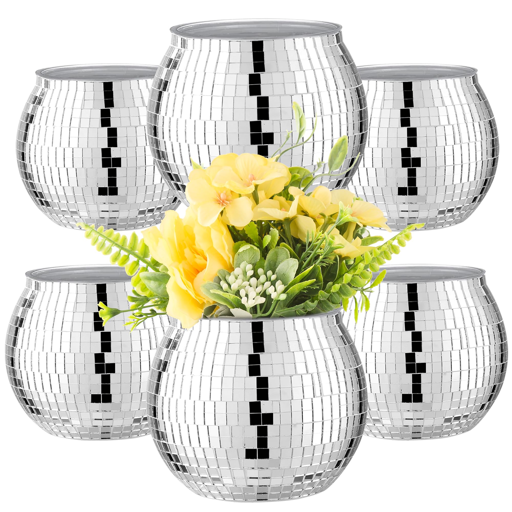 RGBDOT Disco Ball Vase - Silver Mirror Glass Flower Planter - 4in X 4.7in - 6 Pcs for Wedding, Birthday, Party Decor
