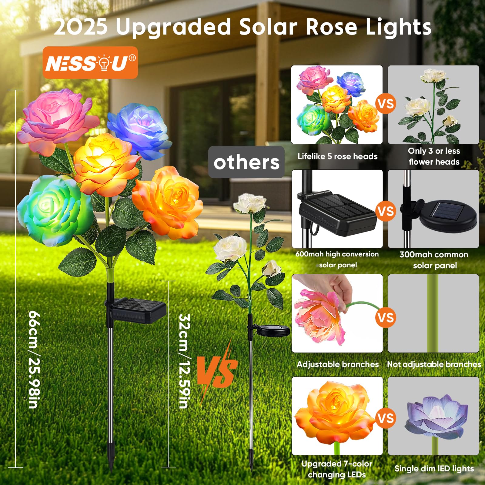 Solar Flower Lights Outdoor Waterproof: 4 Pack 7-Color Changing Led Rose Stake Decor For Garden Pathway Patio Lawn - Solar-Powered Artificial Blooms Christmas Holiday Yard Decorations