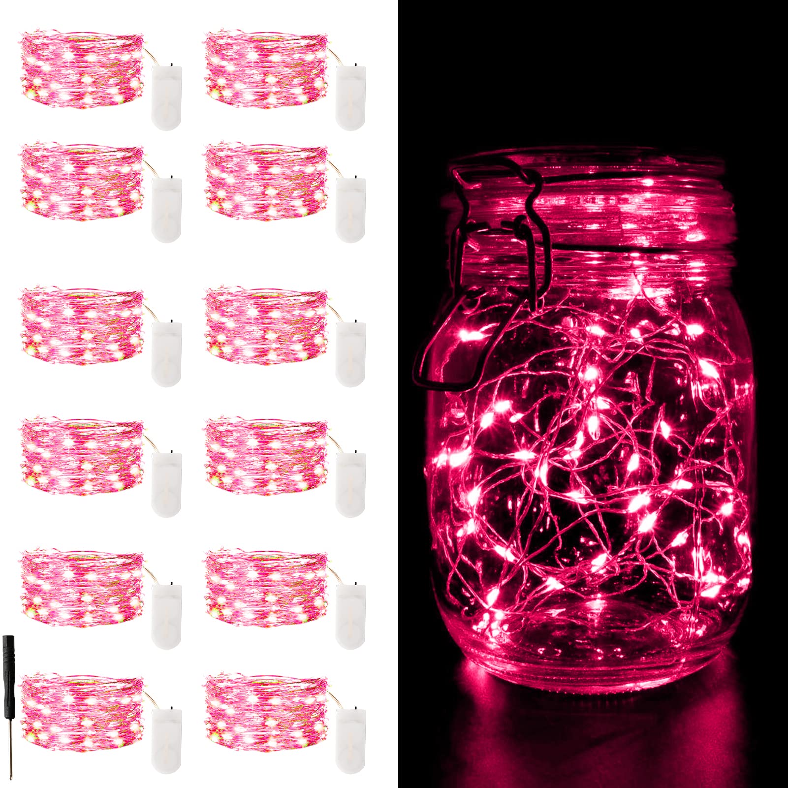 Camantu 12 Pack Fairy Lights Battery Operated, 7Ft 20Led Valentines Day Lights Battery Operated Waterproof Silver Wire For Diy Mason Jar Bedroom Party Birthday Wedding Decorations String Lights(Pink)