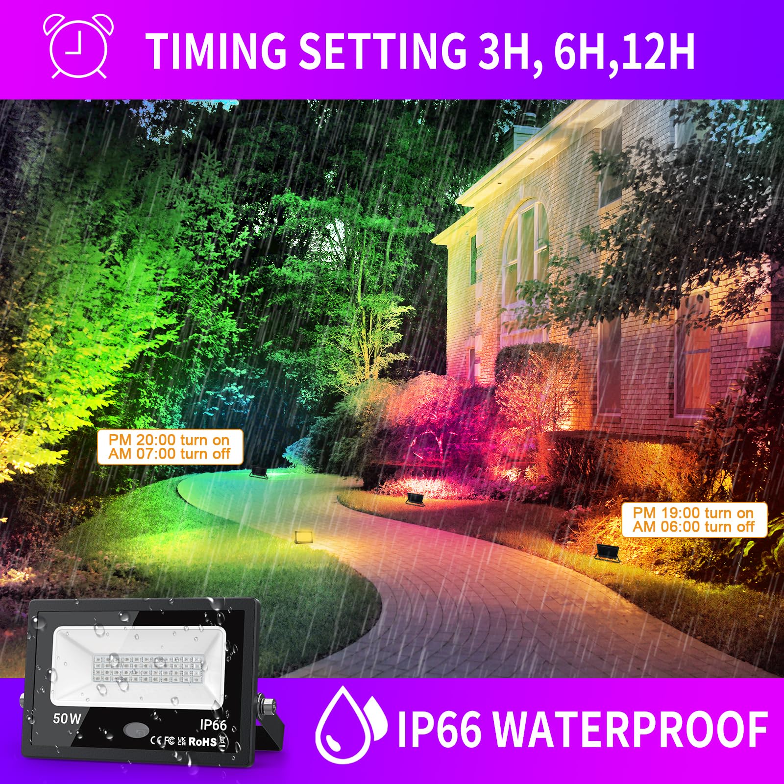 Upgraded RGB LED Flood Light Outdoor, 50W 5000lm, IP66 Waterproof Color Changing Floodlight with Remote, Dimmer, Timing, Spotlig