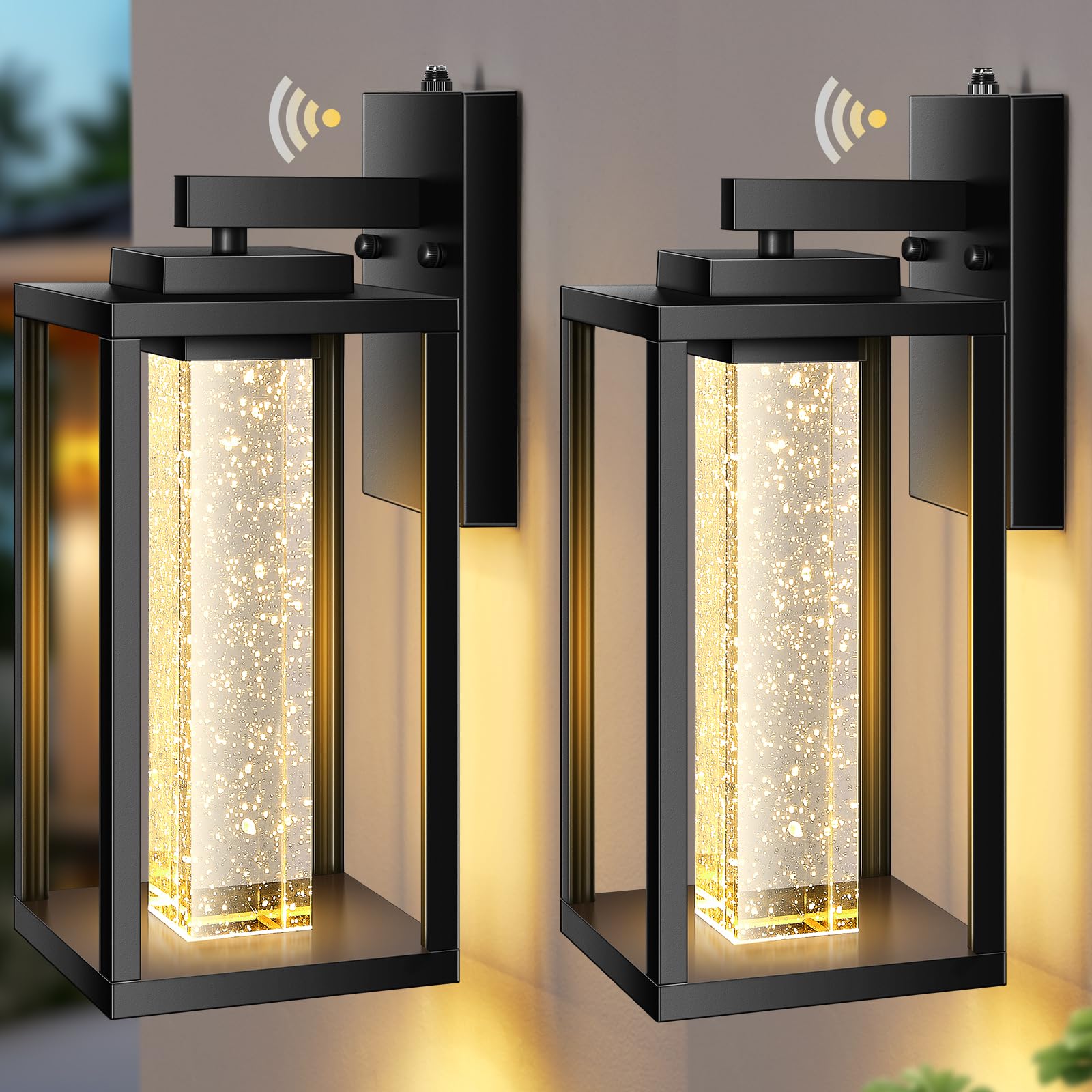 VIANIS Large Wall Mount Exterior Lighting Fixtures, Black, 10W LED, Crystal Bubble Glass, 2-Pack, Model V8115M