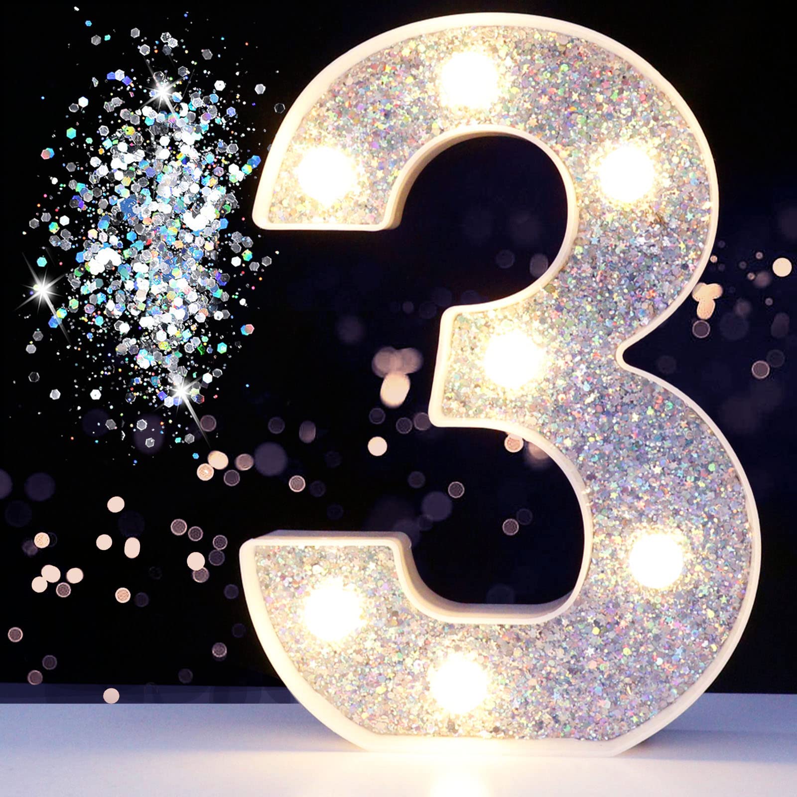 Pooqla Silver Marquee Number 3 Light - Battery Powered Glitter Night Light for Parties and Decorations
