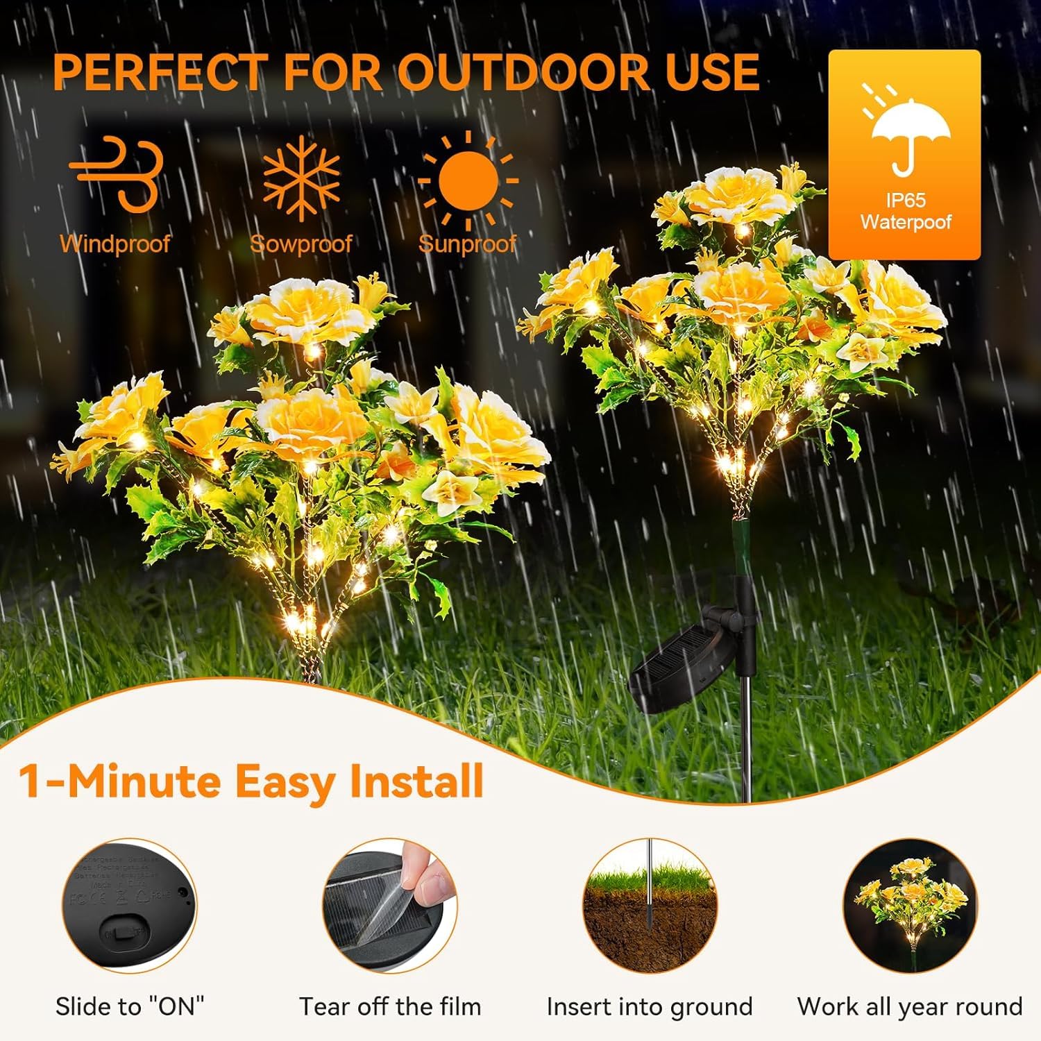 Neporal Solar Flowers Outdoor Garden Waterproof Ip65, 7-Stems Yellow Carnation Solar Decorative Lights Outdoor For Outdoor Garde