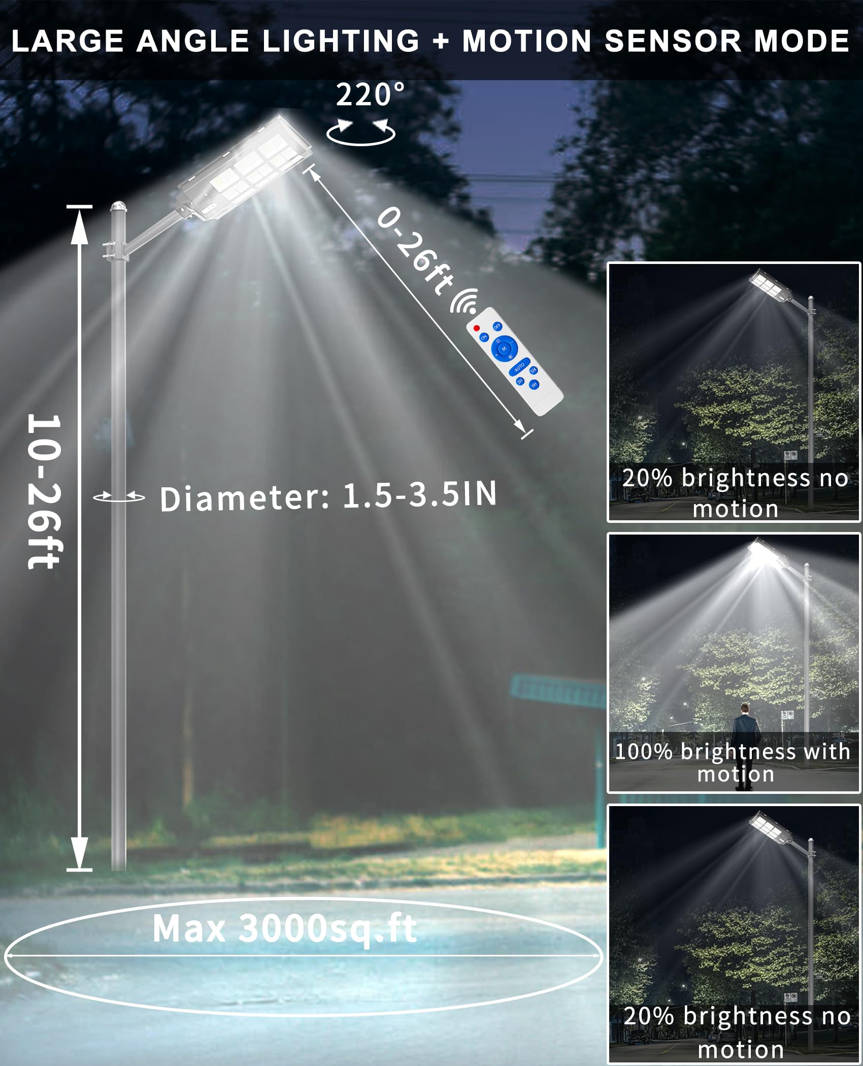 JAYNLT Y-3600W Solar Street Lights 360000LM 6500K Waterproof Motion Sensor Black 1Pack