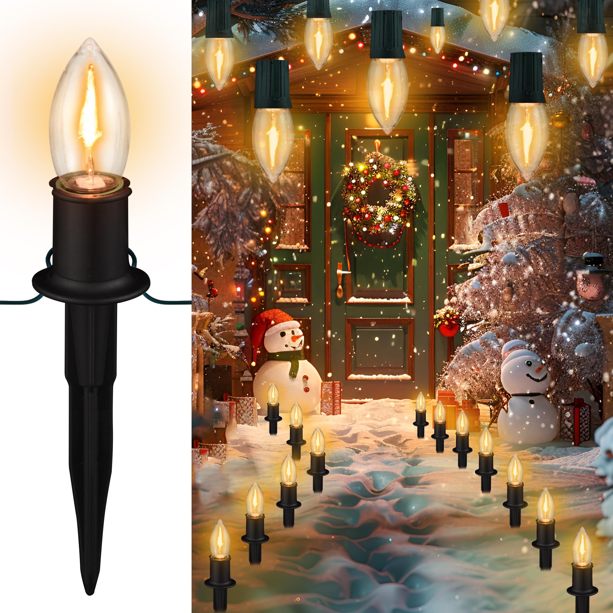 TIORIY Christmas Pathway LED Lights Outdoor, 20 Lights C9 Walkway Lights with Stakes, 24.2ft Clear Driveway Christmas Lights for