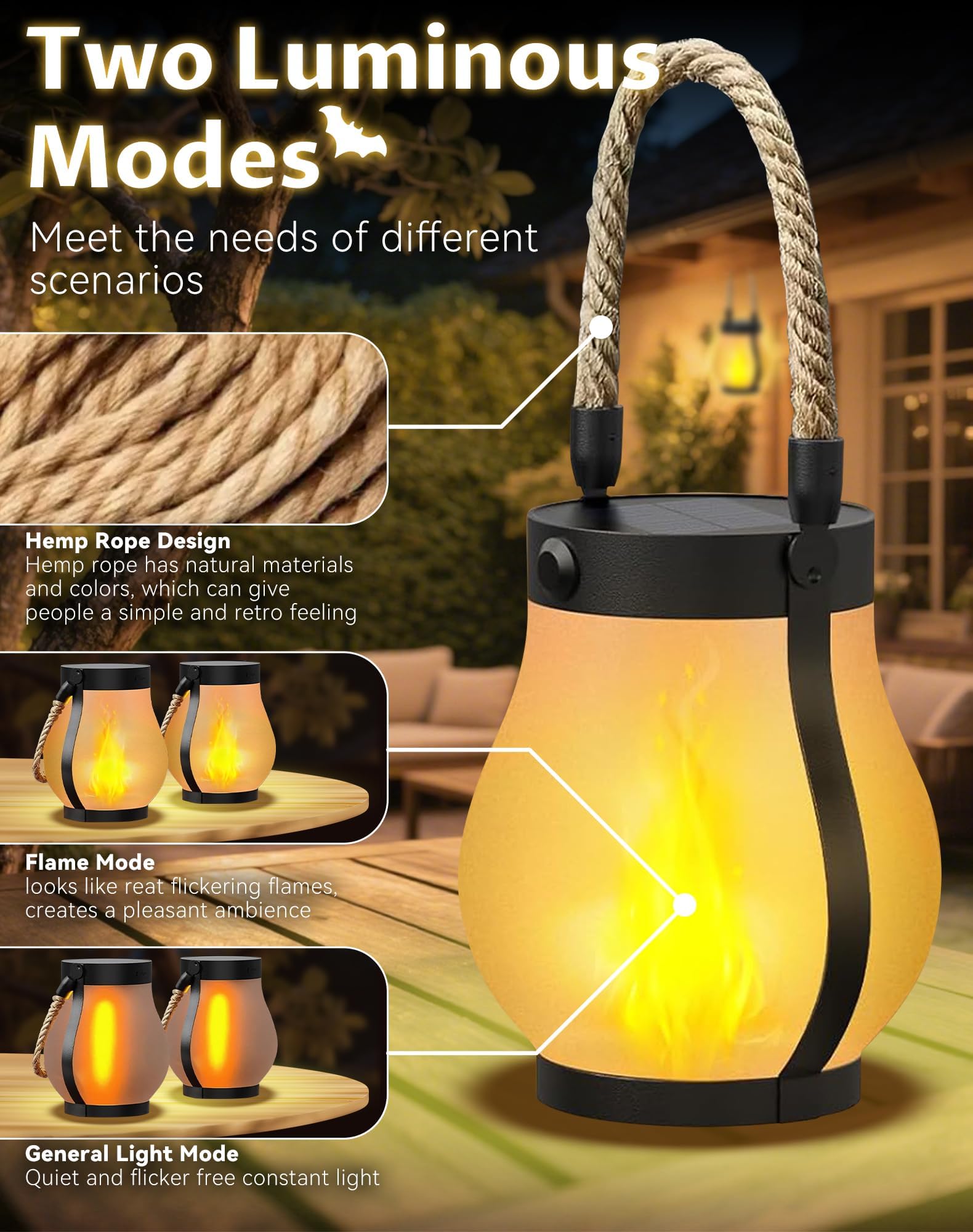 Lysliv Solar Lanterns - Waterproof USB Rechargeable with 3D Flickering Flame, Boho Design, 2 Pcs, Flame Color, Model Flame-01
