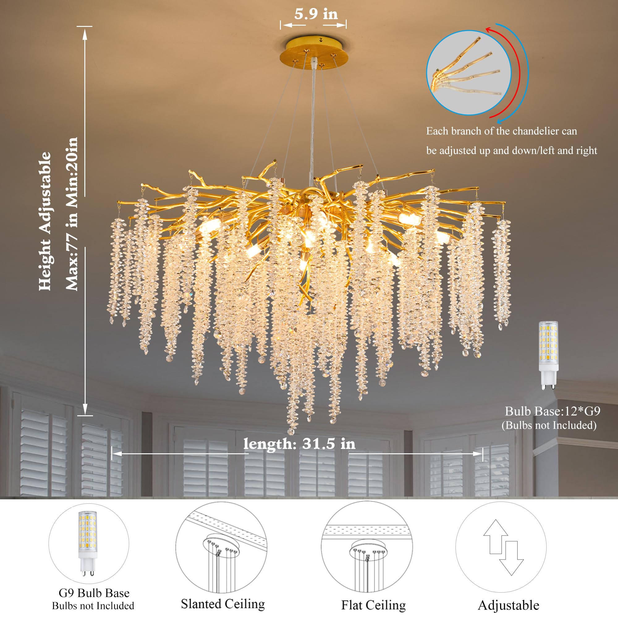 Puvaue Crystal Tree Branch Chandelier Pendant Light Fixture Round D31.5in Gold Aluminum/Iron for Dining Room, Bedroom, Living Room