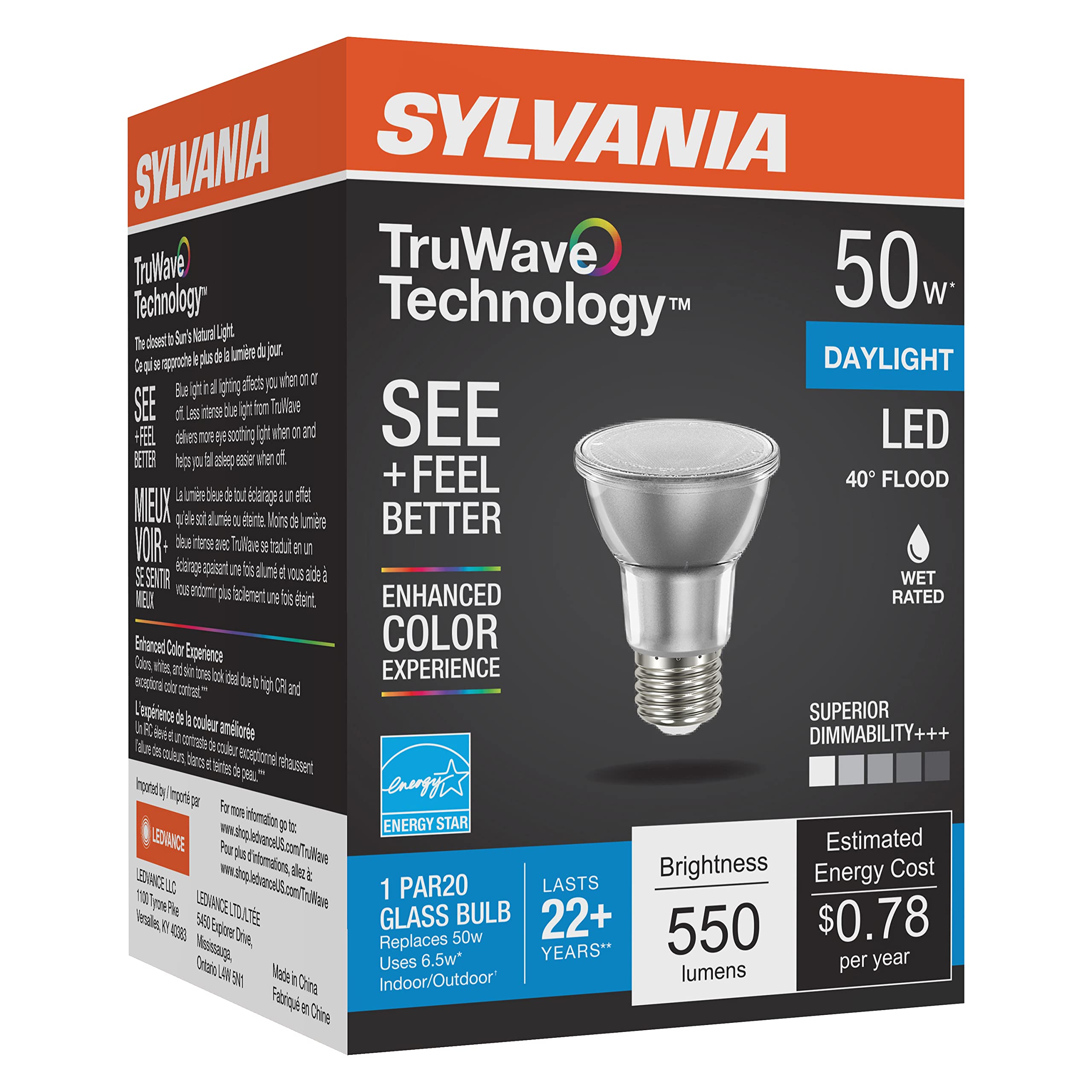 LEDVANCE Sylvania LED TruWave PAR20 Light Bulb, 50W Equivalent, Dimmable, 6W, 5000K, White, 1 Count, Model 409