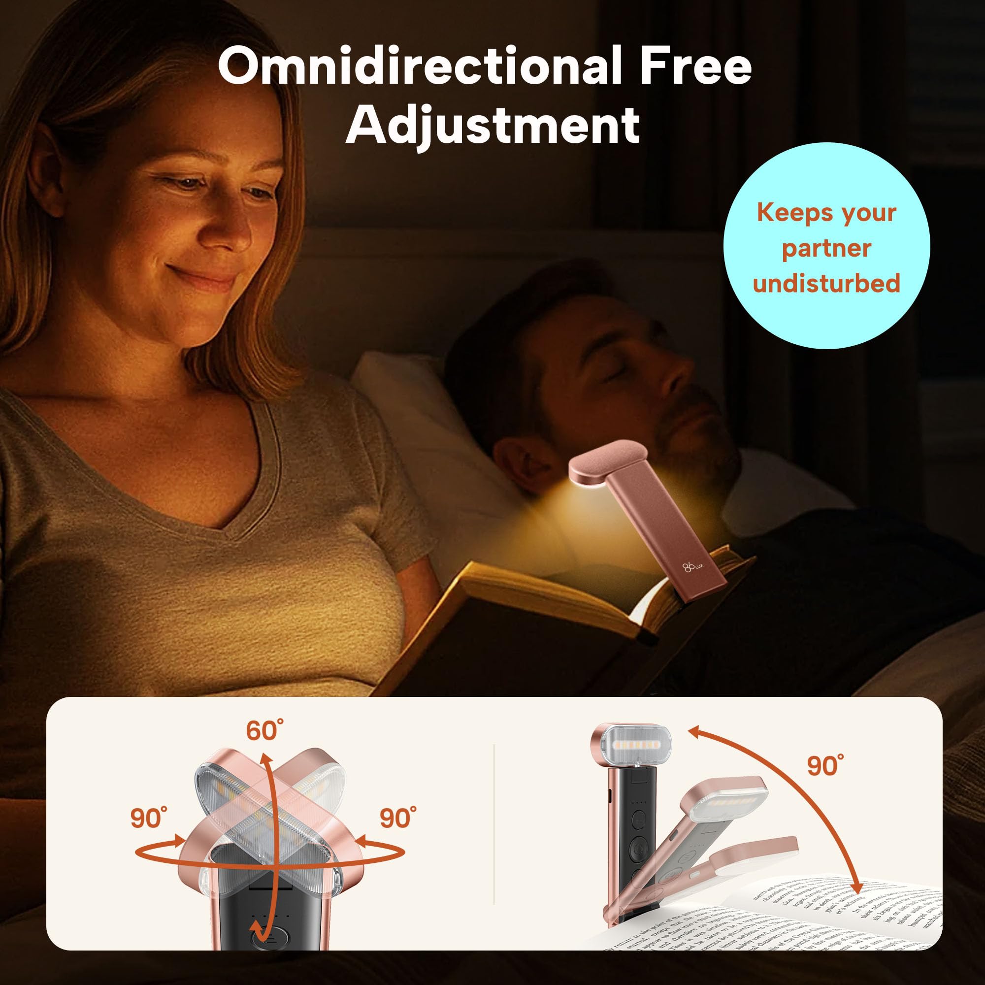 86Lux Book Light  Reading Light For Book In Bed  Usb Rechargeable Led Night Light With 3 Colors & Limitless Dimming Bookmark Light For Book Lovers Rose Gold