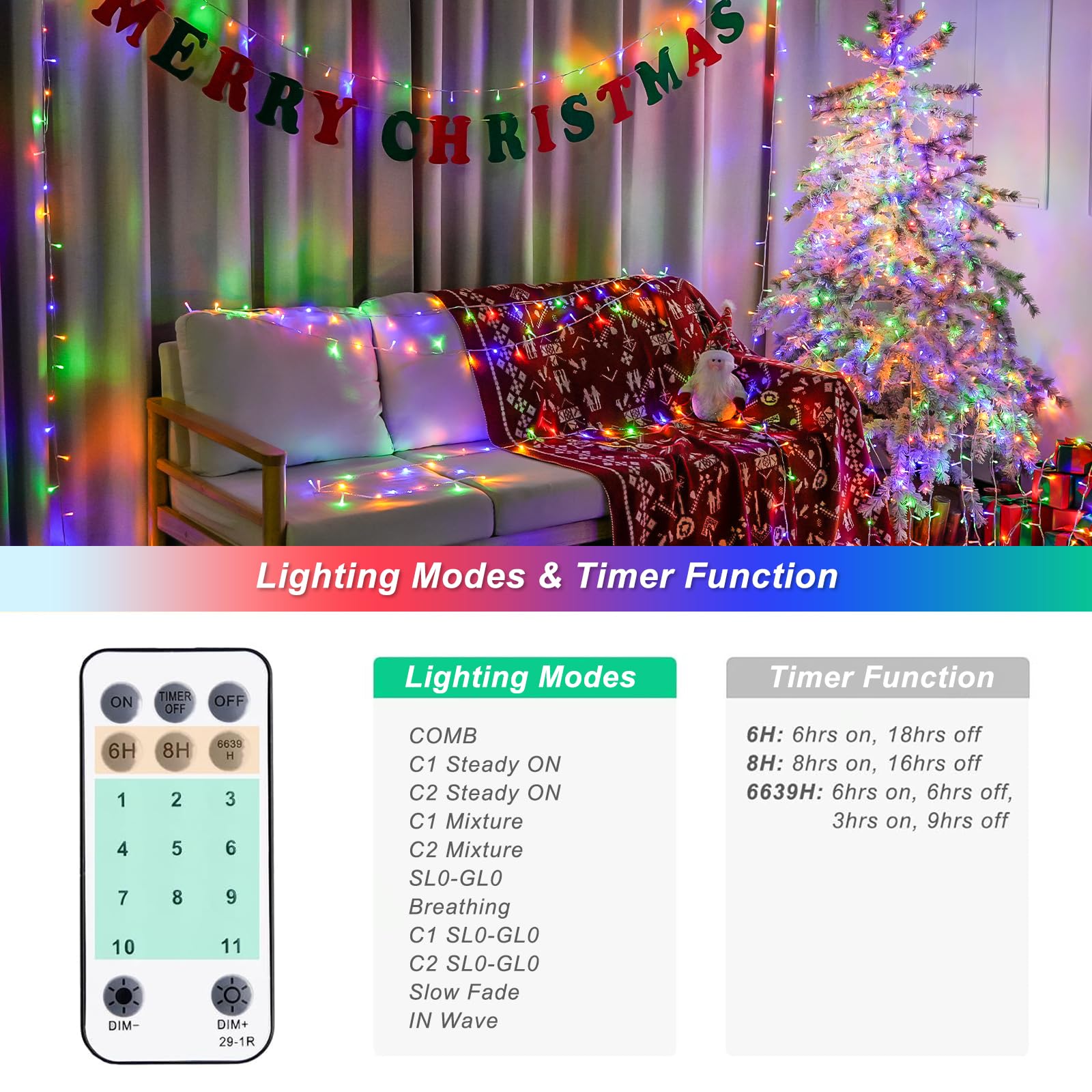 JMEXSUSS 2 Pack 100 LED Color Changing Christmas Lights, 33ft Cool White & Multicolor Christmas Lights Outdoor Waterproof, Clear