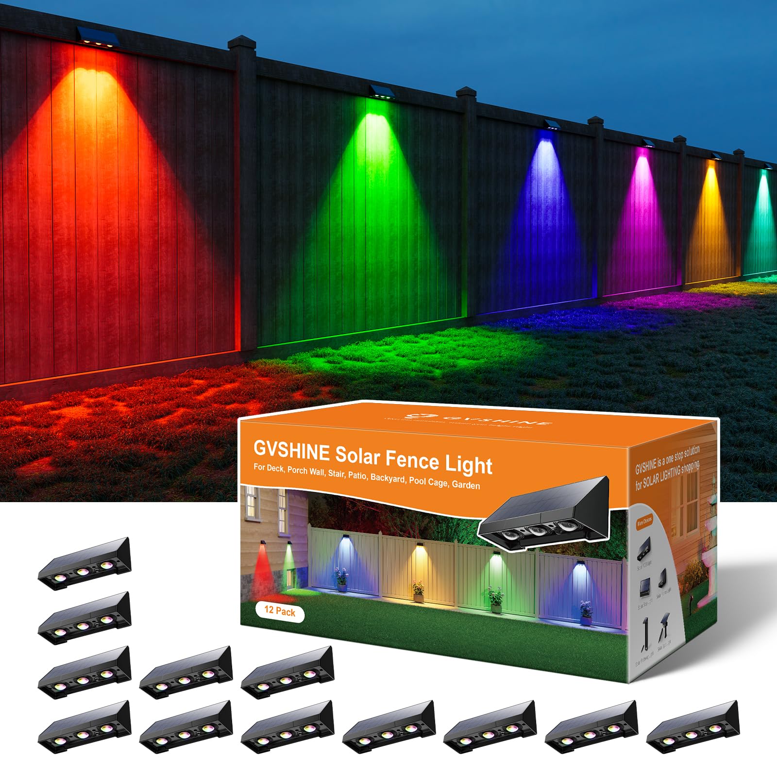 12 Pack Color Changing Solar Powered Fence Lights Outdoor Decorative LED Waterproof Wall Lamps for Outside Deck  Railing  House  Patio  Backyard  Pool Cage  Easy Installation & All Night Lasting