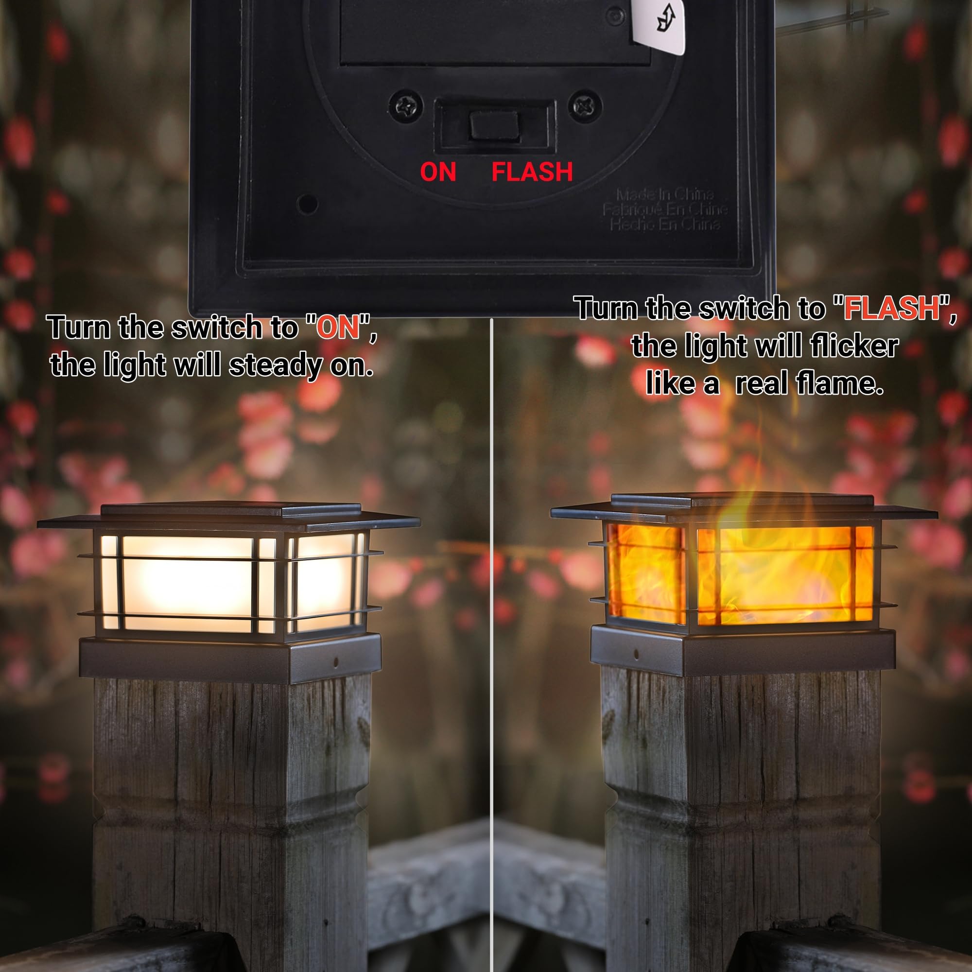 Dynaming 8 Pack Solar Flame Post Lights - Black Flickering LED Cap Lights for 4x4, 5x5, 6x6 Vinyl/Wooden Posts, Outdoor Garden Decor