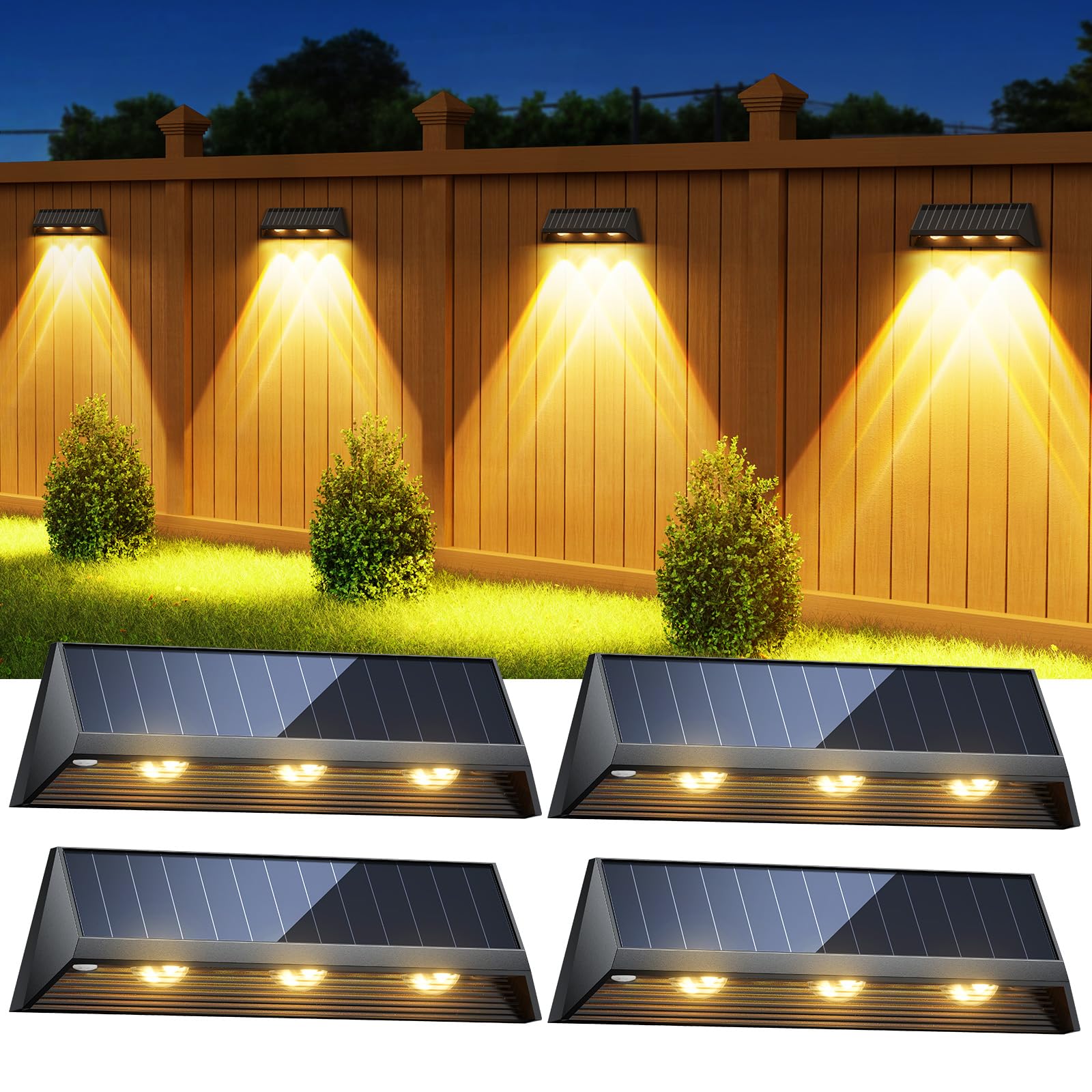 LETMY 3X Bigger & Brighter Solar Fence Lights Outdoor, IP67 Waterproof Fence Solar Lights Outdoor, 2 Modes Auto On/Off LED Deck 
