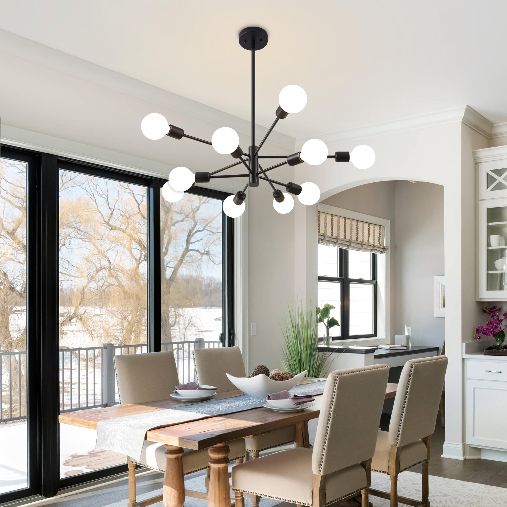 Deyidn Sputnik Chandelier, Black Modern Chandeliers, Mid Century Ceiling Lighting Fixture For Living Room, Kitchen, Bedroom, Din