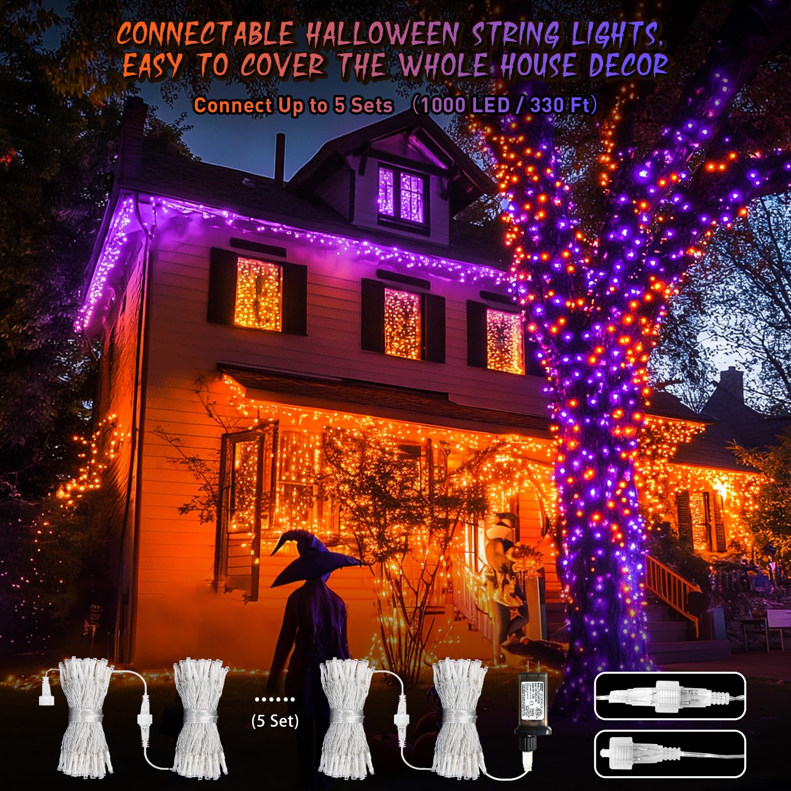 JMEXSUSS 200 LED Christmas Decoration Lights, Clear Wire, 11 Modes, Connectable, Purple Orange, Indoor Outdoor, Model EXS-S-0200