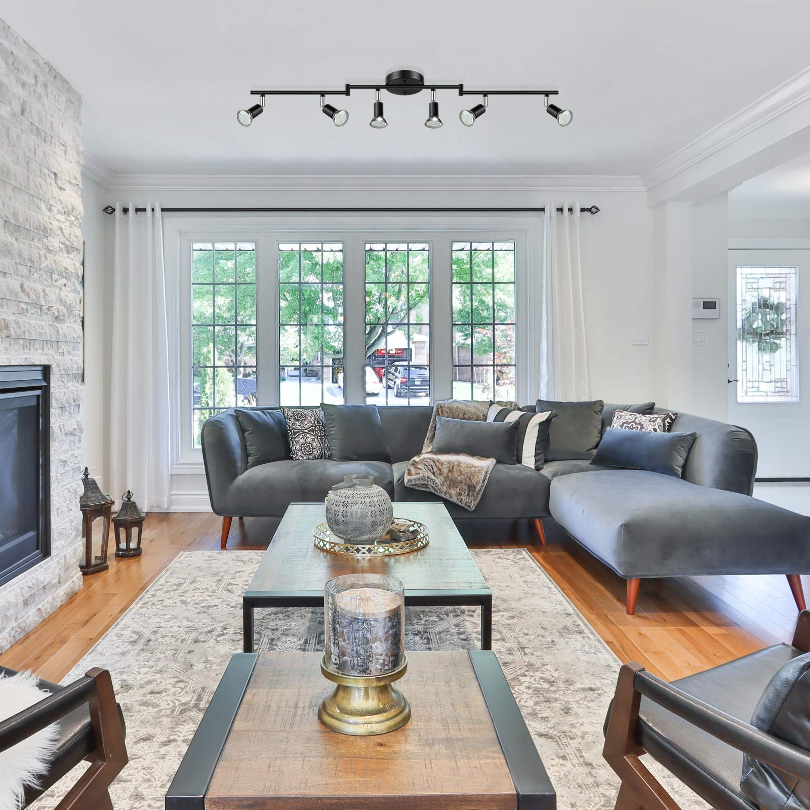 Ascher 6-Light Led Track Lighting Kit, Flexibly Rotatable Light Heads, 6 Way Ceiling Spotlight Black Finish, Including 6 Gu10 Le