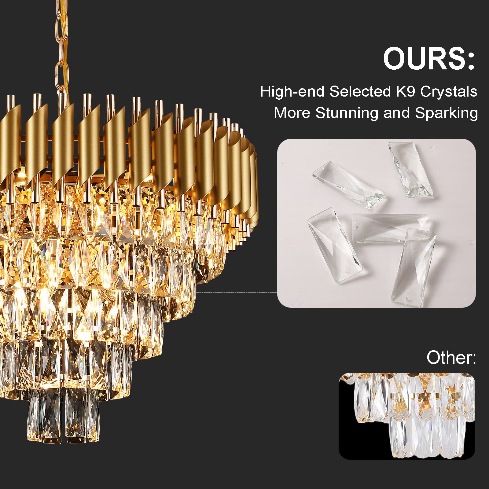 AXILIXI Modern Crystal Chandelier, 24" Gold Raindrop Flush Mount, 5 Tiers K9 Ceiling Light for Dining Room, Foyer, Living Room, Model DH8801