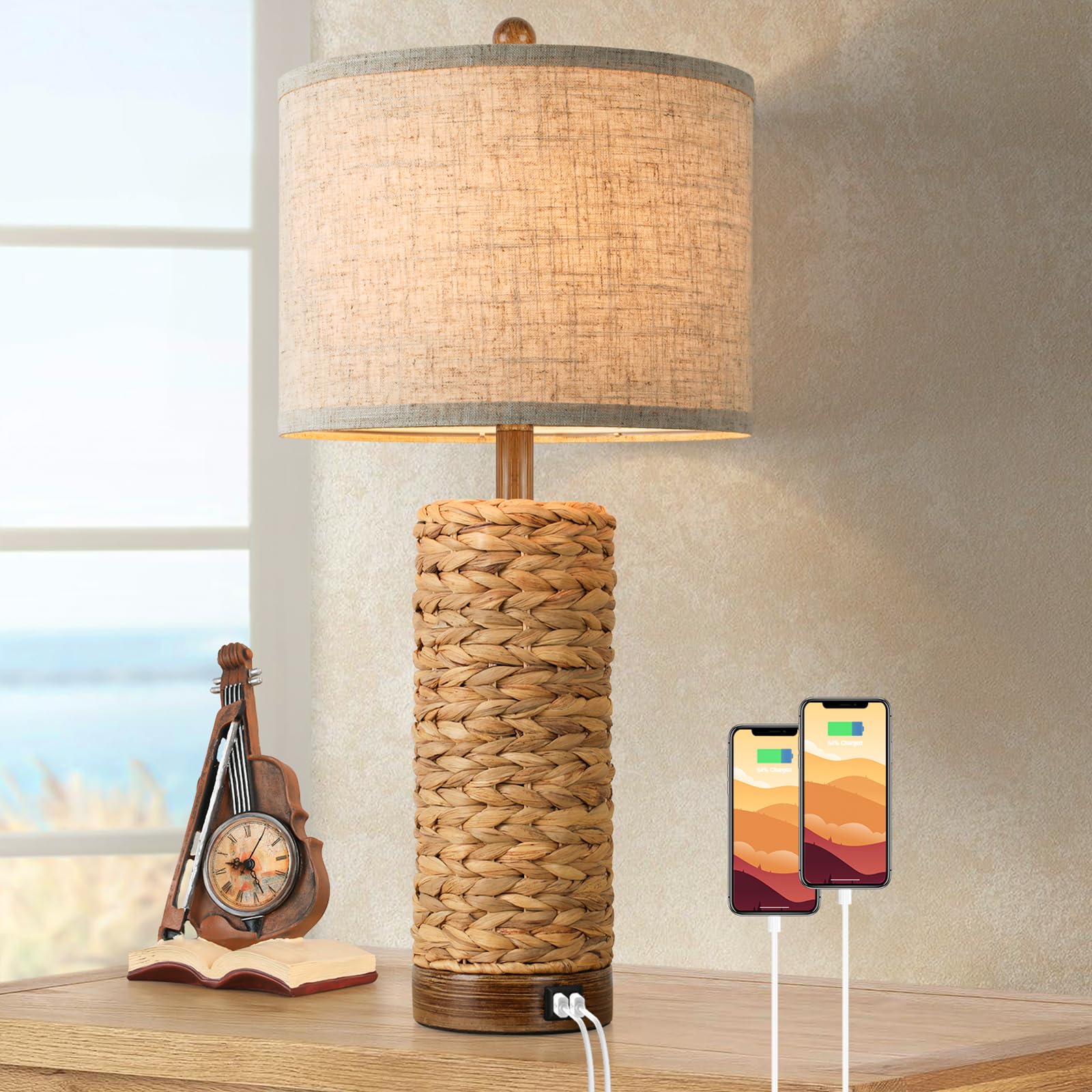 Rattan Table Lamp for Living Room with 2 USB Ports, 27In Tall Bedroom Table Lamp with Hand-Made Seagrass Base, Rustic Farmhouse 
