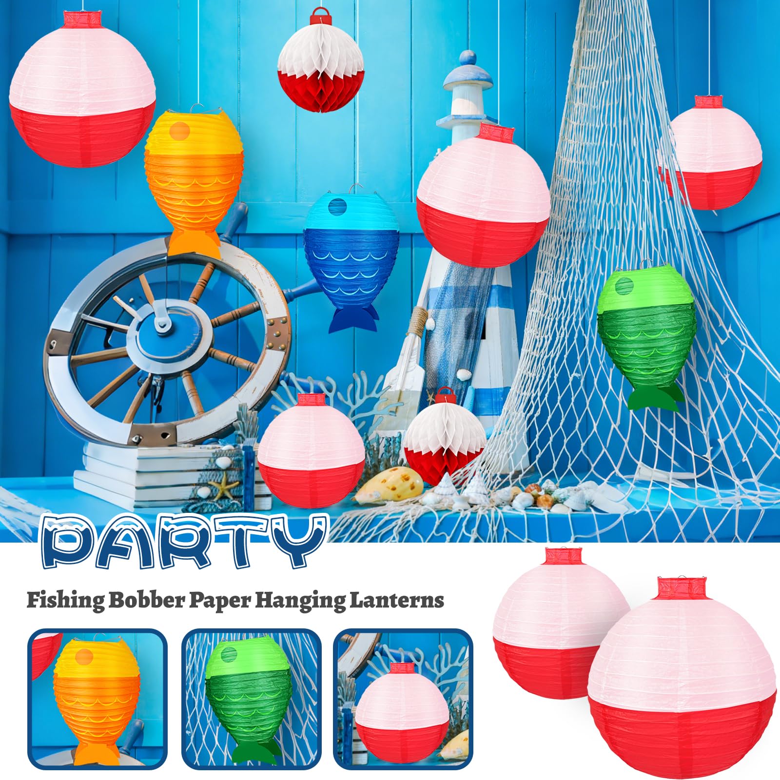 13Pcs Fishing Bobber Paper Lanterns Hanging Fish Shaped Lanterns Honeycomb Ball Decorations Red And White Paper Lanterns For Fis
