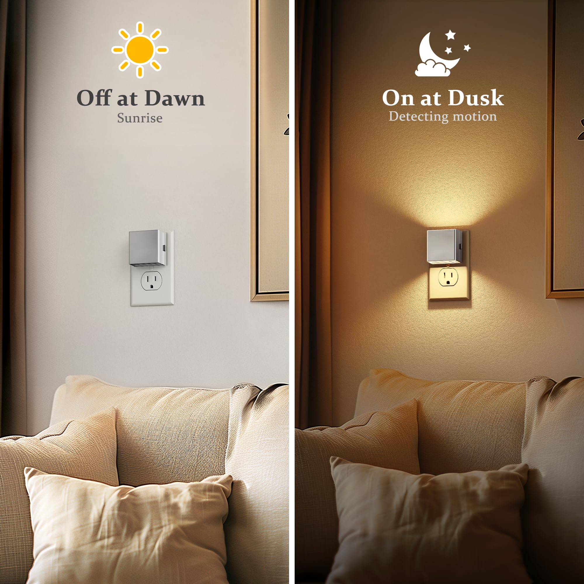 JandCase Night Light, Dusk to Dawn, Adjustable Brightness, Square Electroplate, Soft White 3000K, 2 Pack, Silver-1