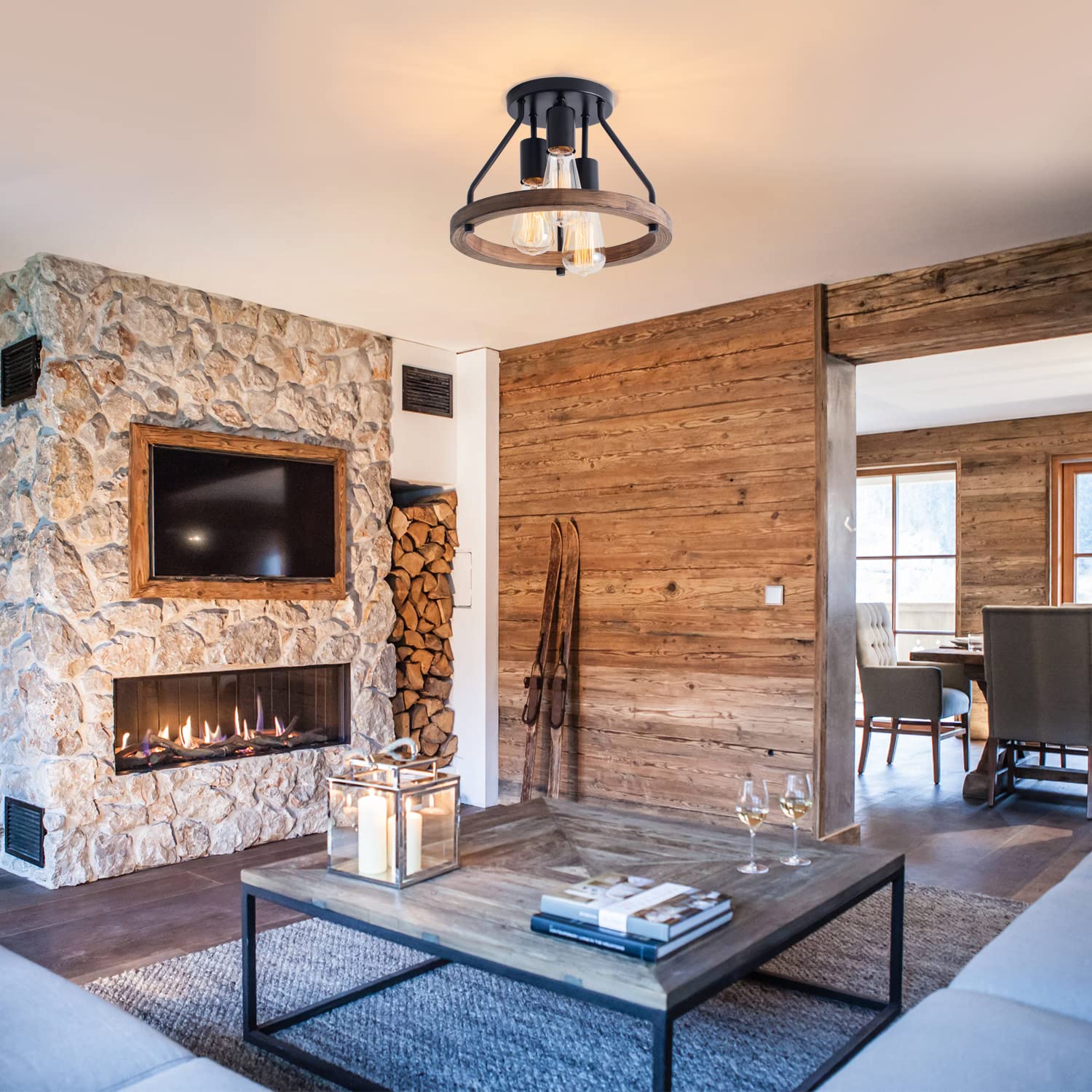 VILUXY Industrial Flush Mount Ceiling Light Fixture, 3-Light, Metal, Brown Shade for Hallway, Entryway, Bedroom, Balcony